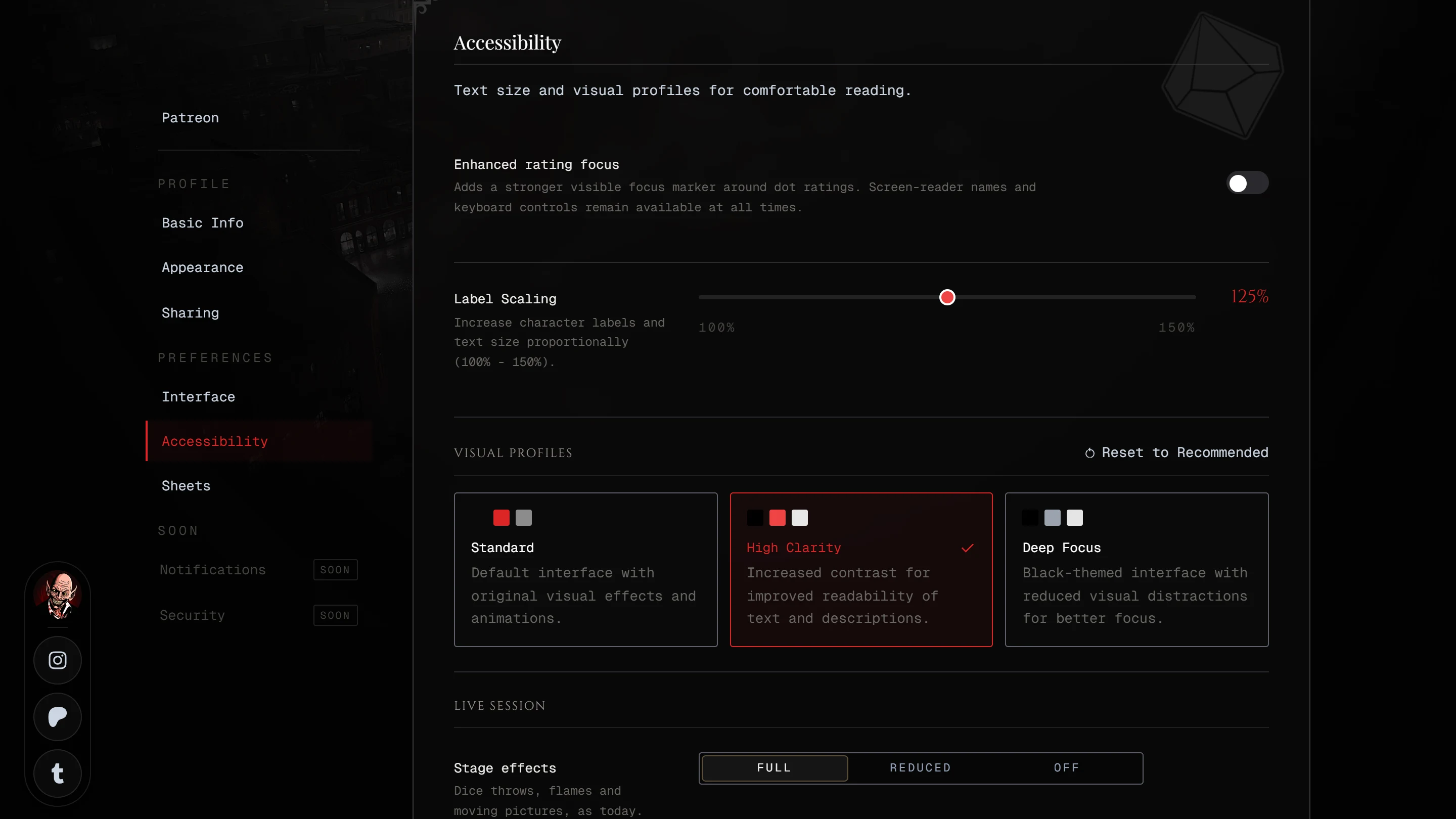 The Accessibility section of Profile Settings with Label Scaling at 125% and High Clarity picked under Visual Profiles