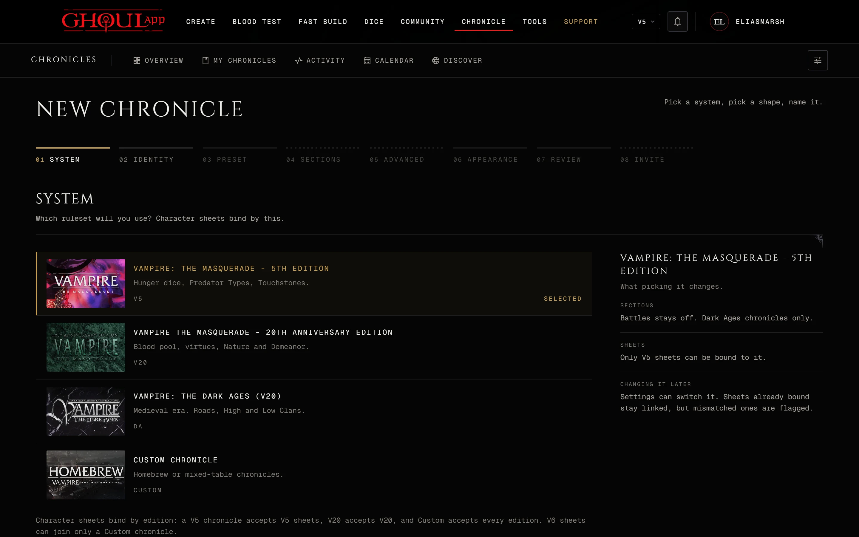 The System step of New Chronicle with V5 selected and what picking it changes beside it