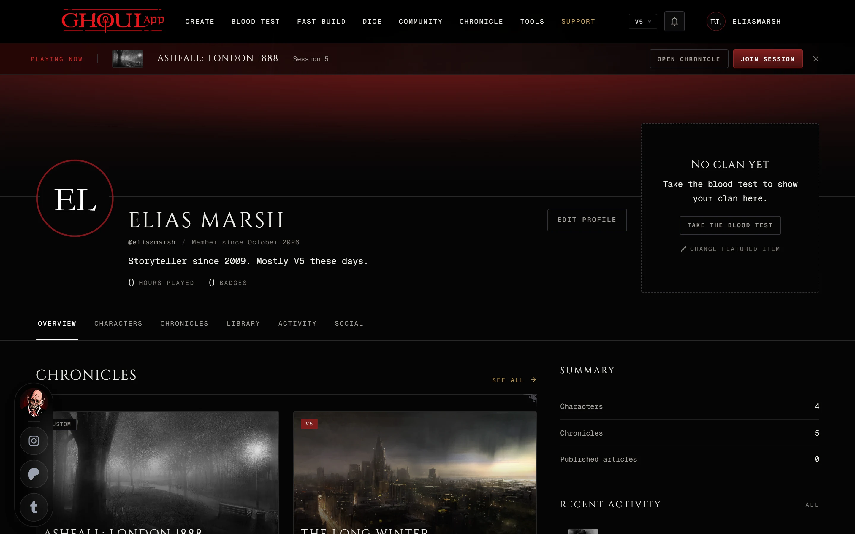 A profile on its Overview tab, with the name, the bio, Edit Profile and the Chronicles and Summary regions