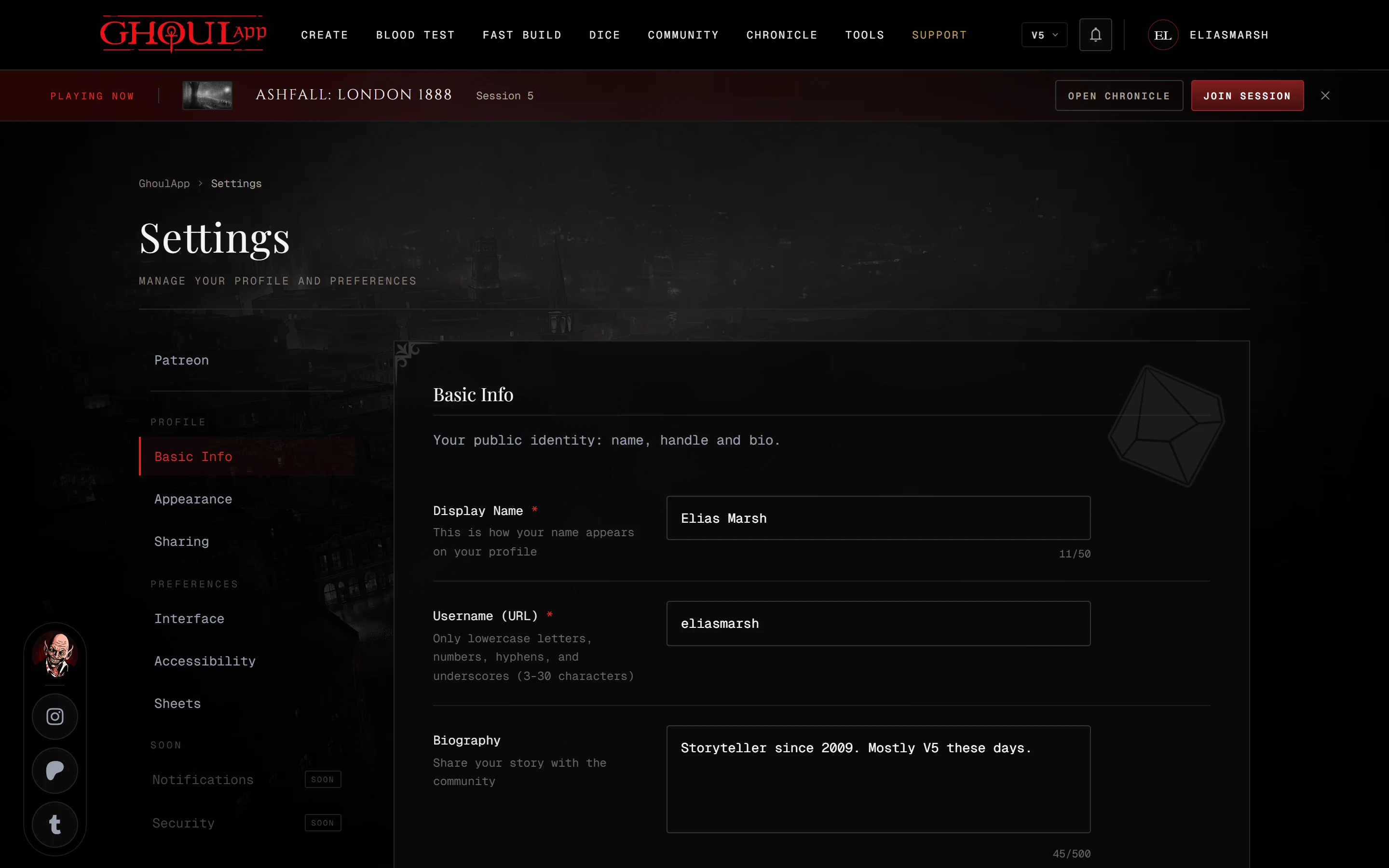 Your settings open on Basic Info, with the sections listed down the side