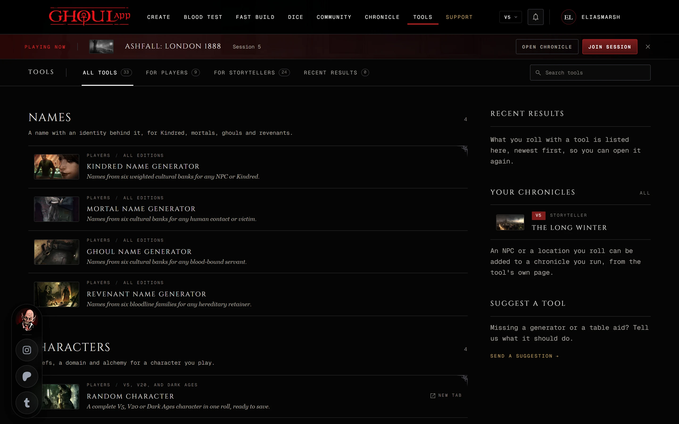 The Tools page, with the tabs, the search box, the Names group and the Recent results and Your chronicles rail