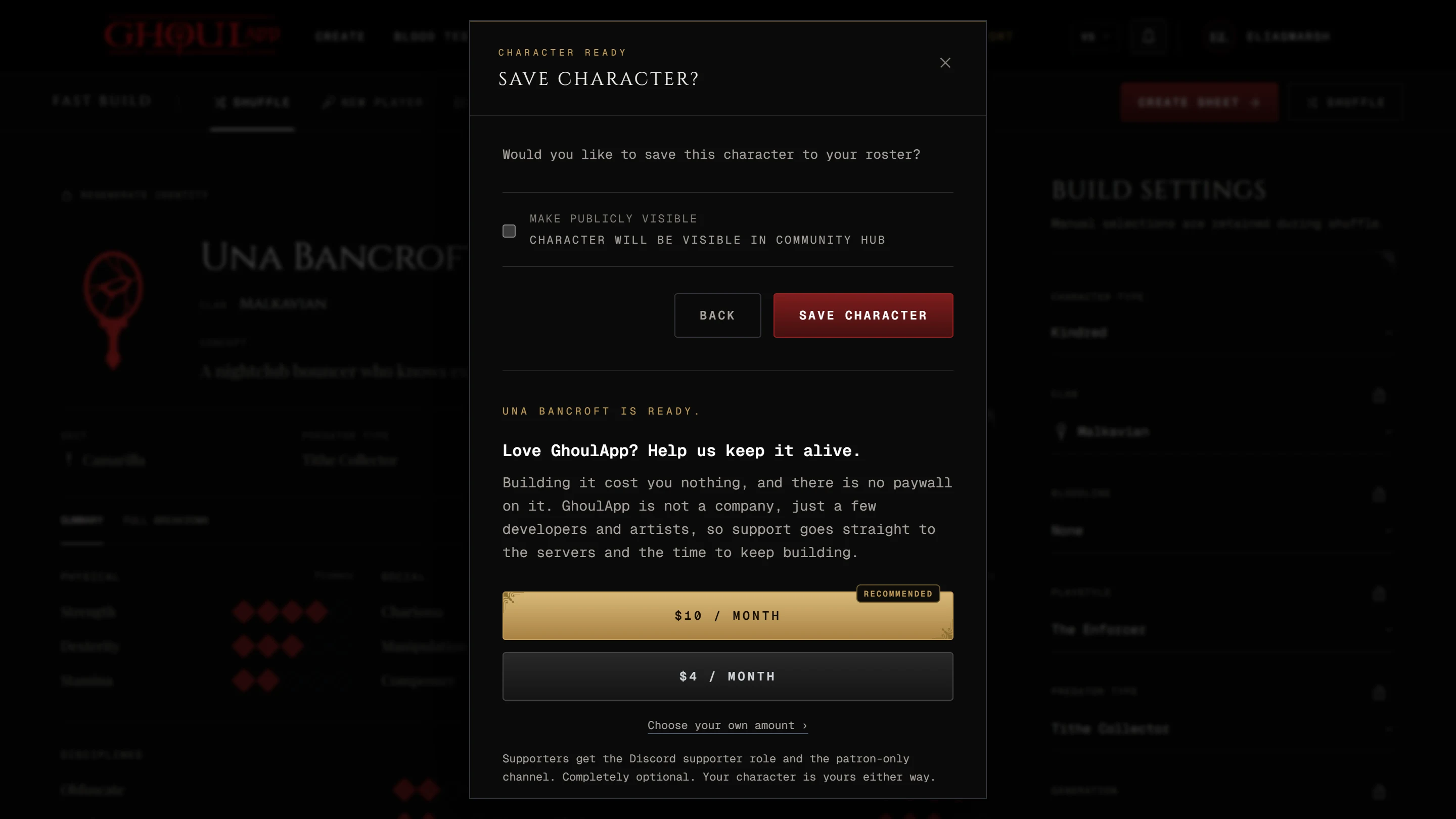 The Save Character? box over Fast Build with Make Publicly Visible off