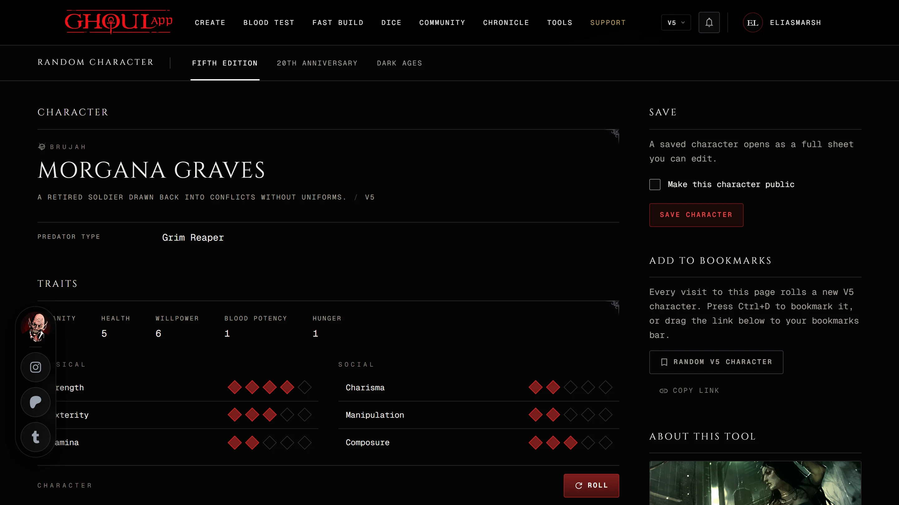The random character page with a rolled Fifth Edition character and the Save and Add to bookmarks sections in the side panel