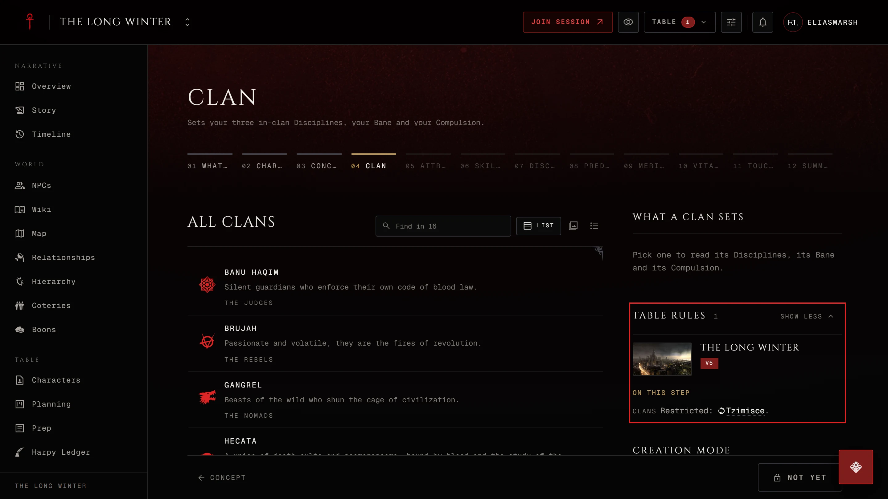 The Clan step in a chronicle's creator with one clan restricted