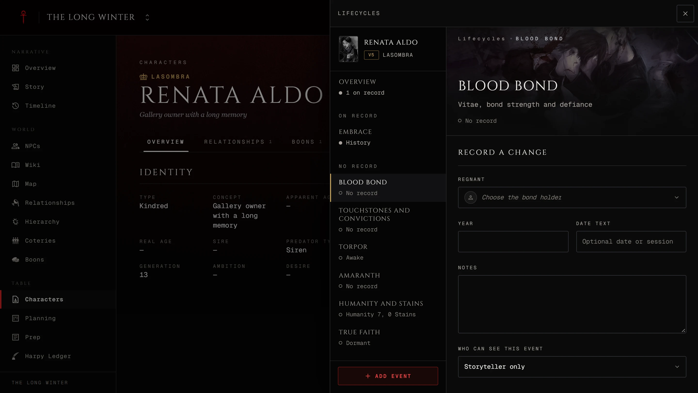 A V5 character's Lifecycles panel open on Blood Bond with the list of other panels in view