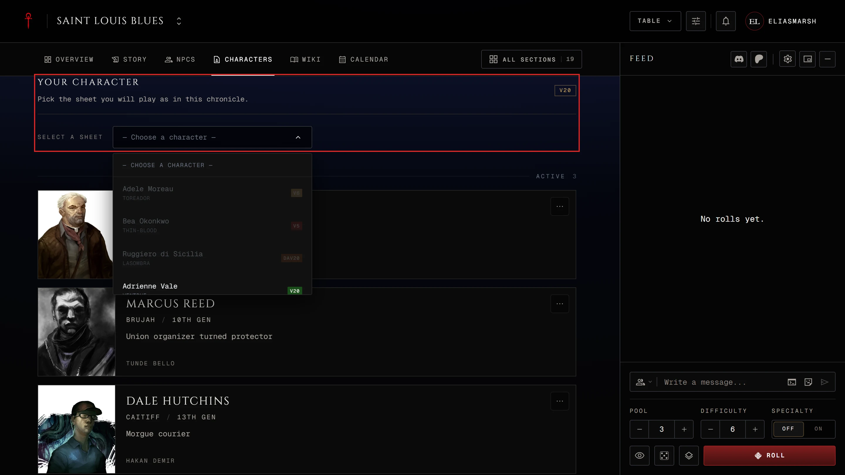 The Characters page as a player before binding
