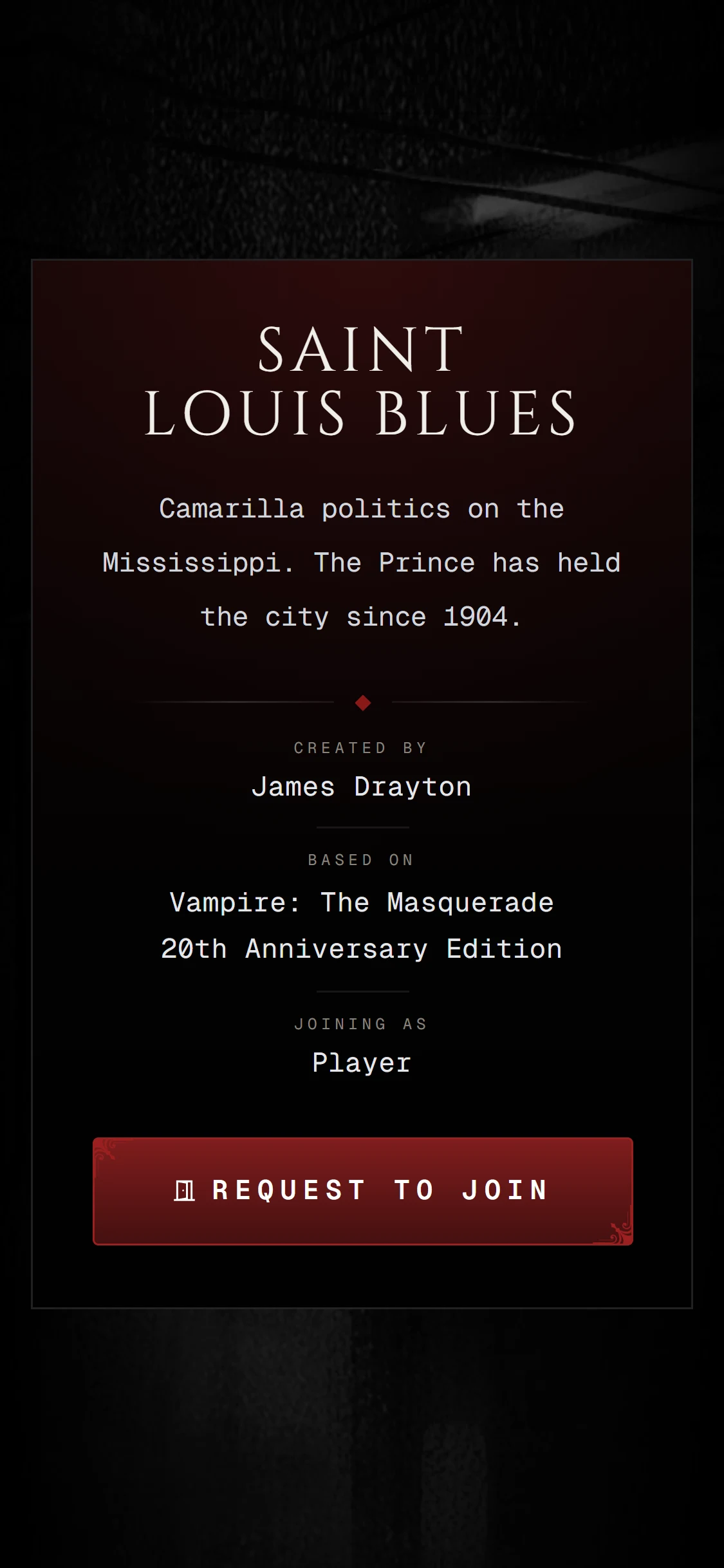 The invite page for a chronicle that needs approval, with Created by, Based on and Joining as and the Request to Join button