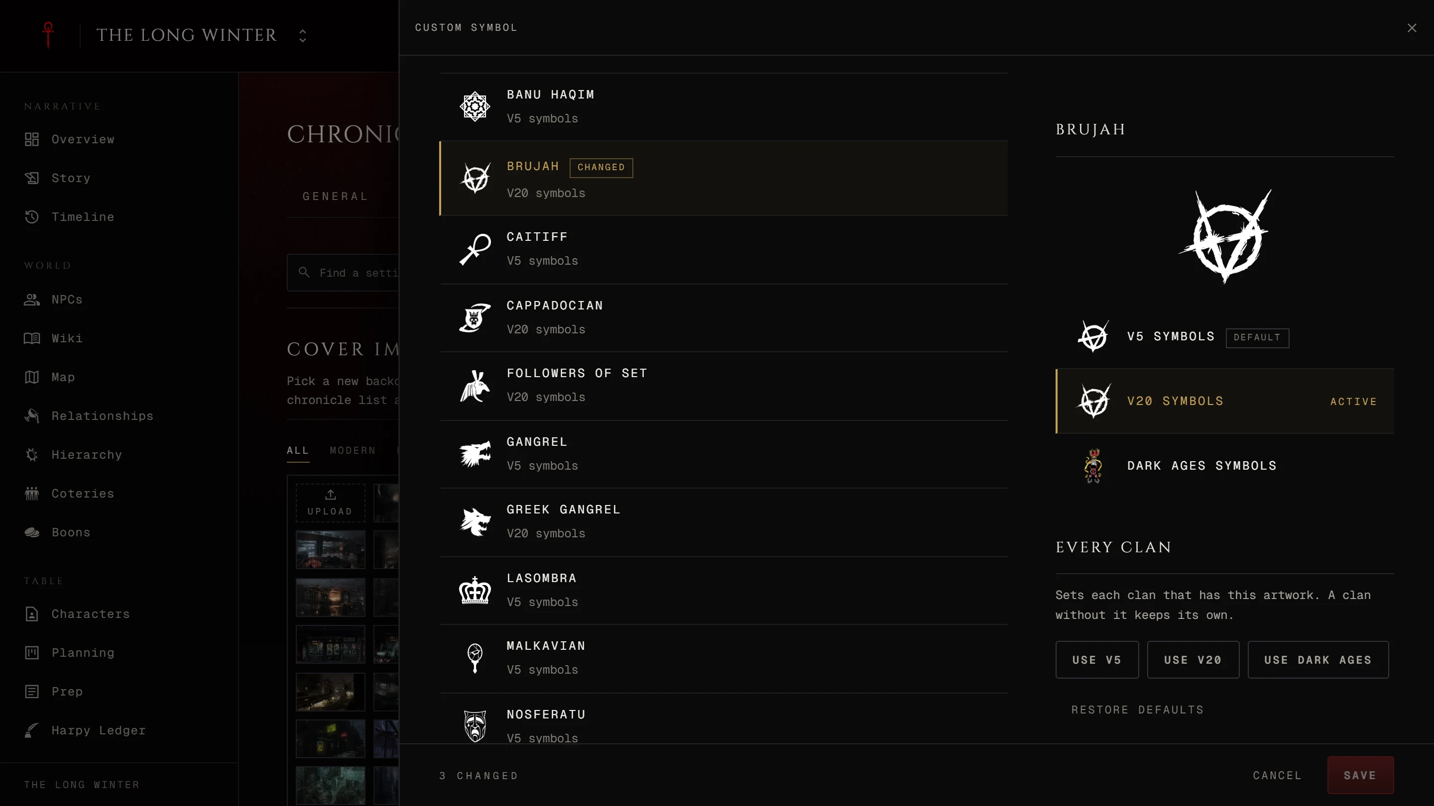 The Clan symbols panel open at the side of the Appearance tab, with Every clan and a few clans changed