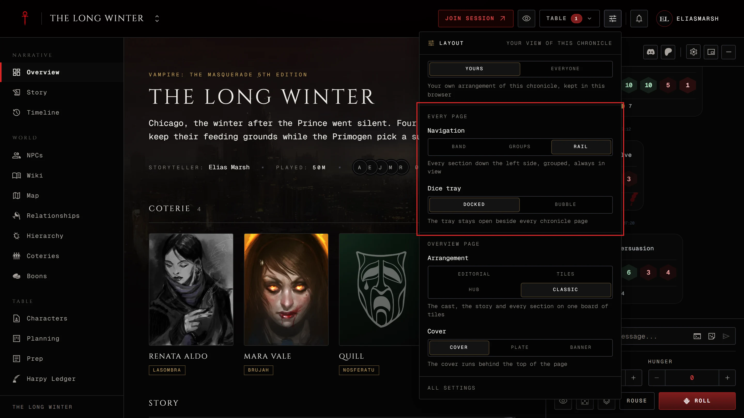 The Layout panel open under its header button