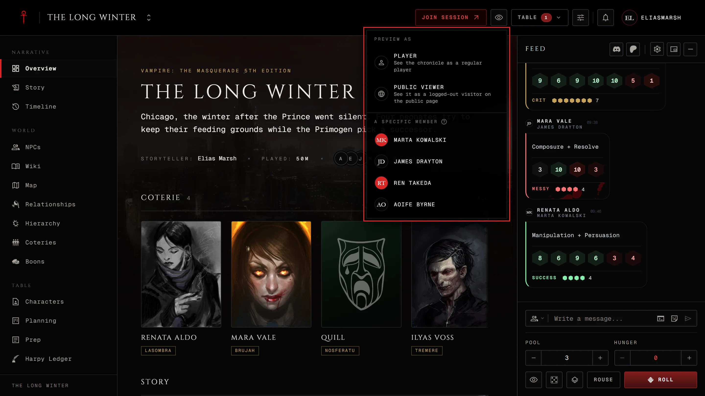 The Preview as player menu open under the eye button