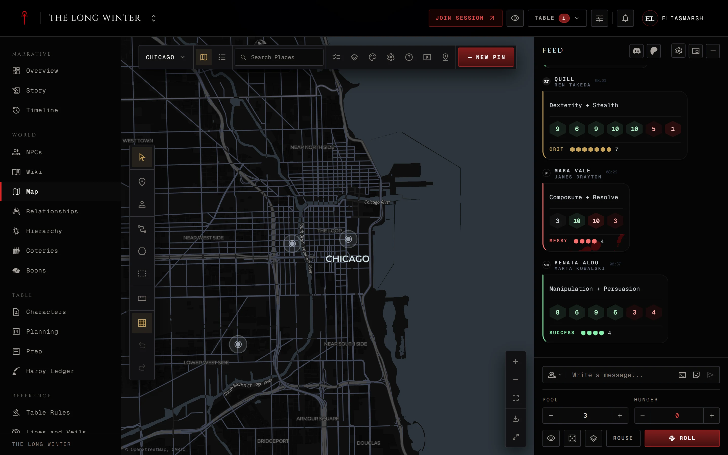 A world map of Chicago with its tools down the left side and the map's bar along the top