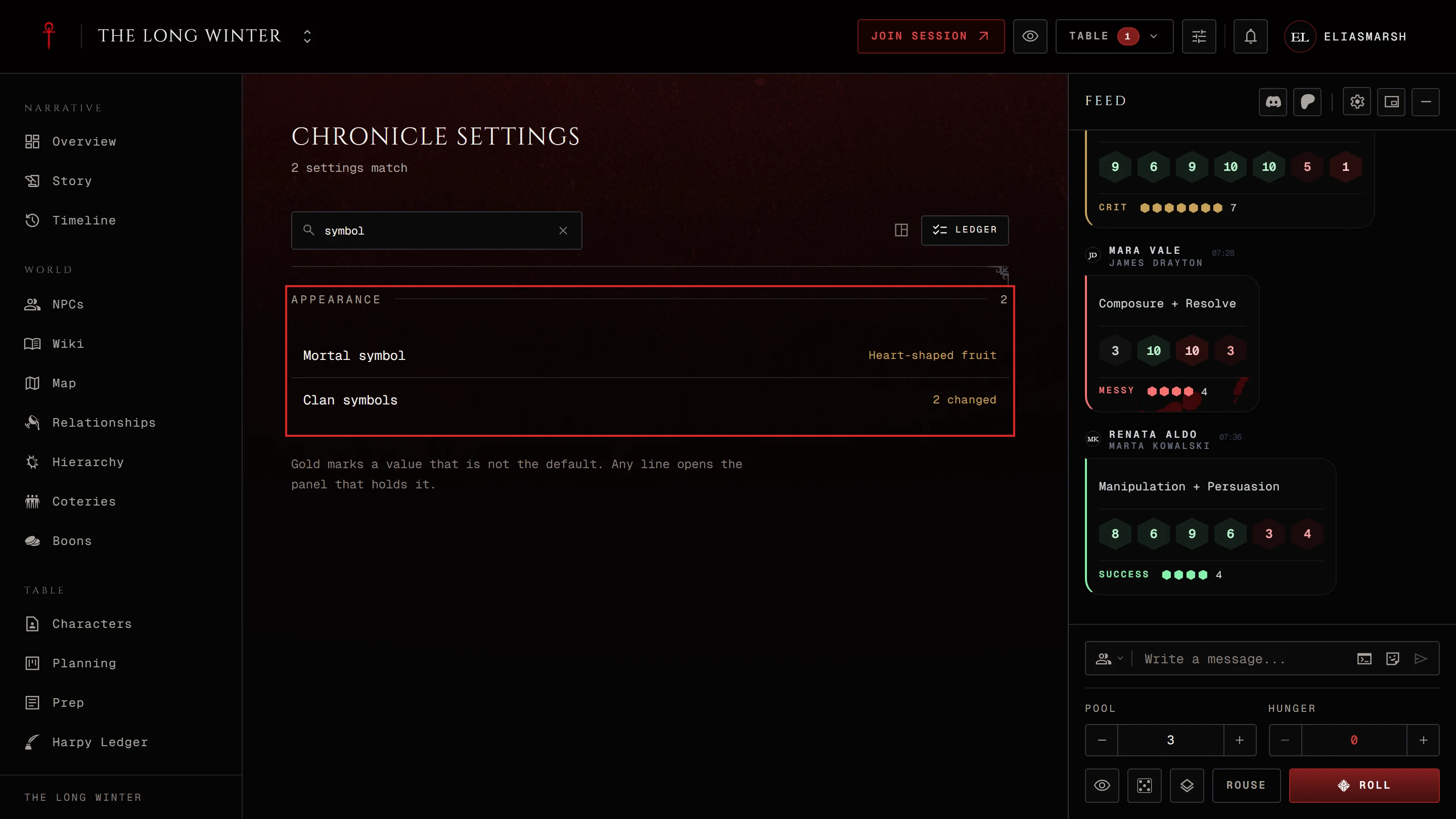 The Ledger reading with a search typed in