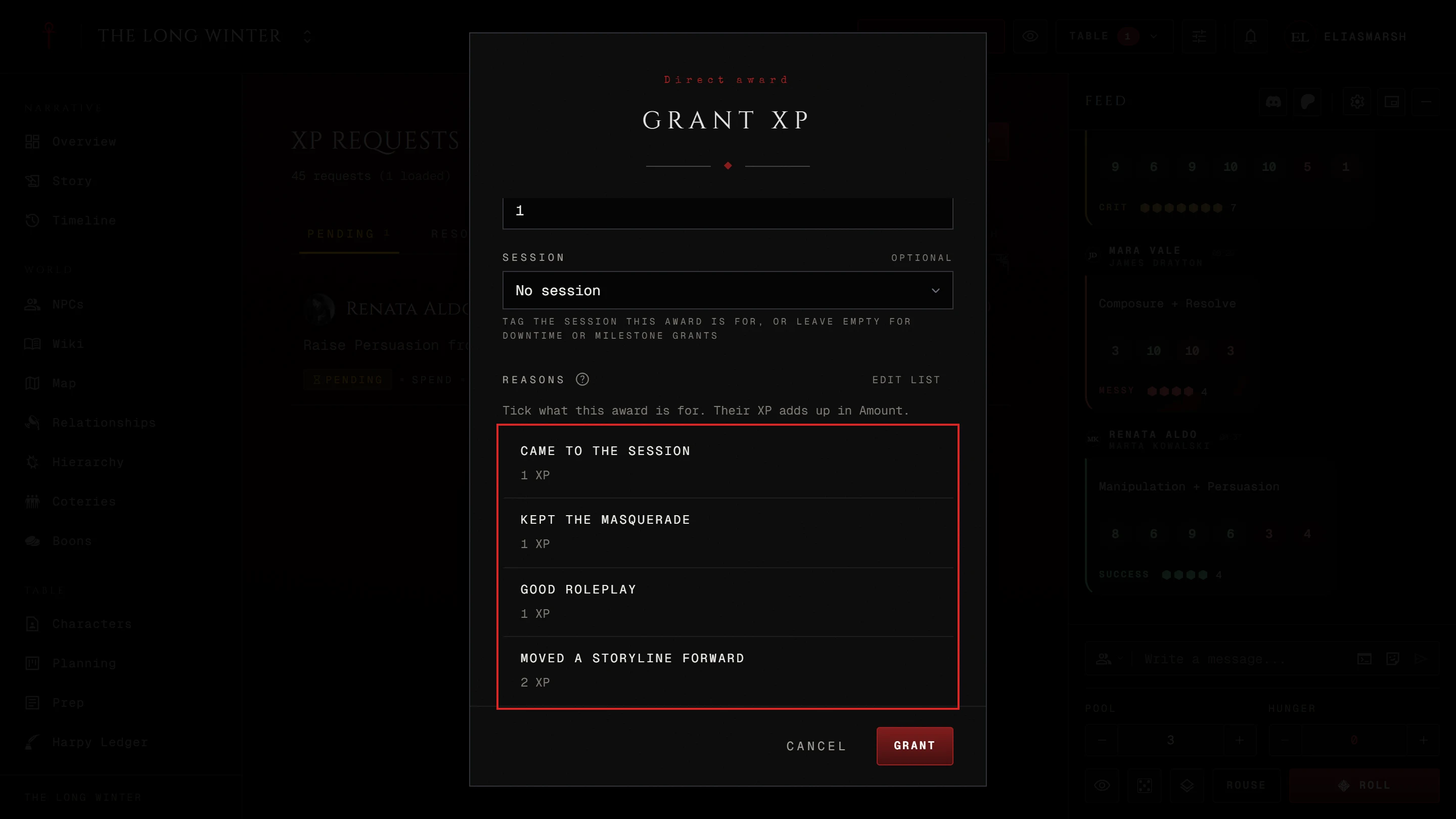 The Grant XP window with two recipients ticked and the Reasons list