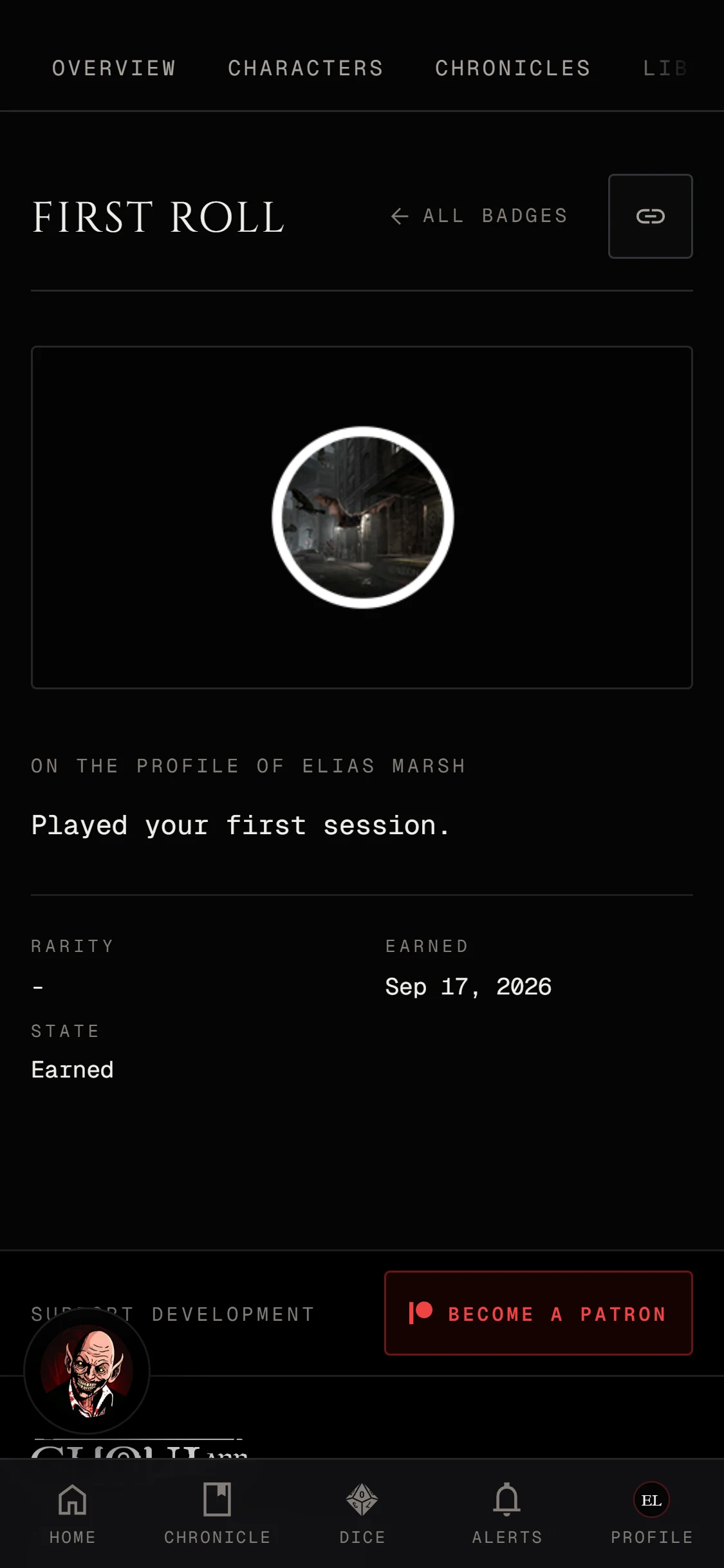 One badge's page on a phone with Rarity, Earned and State