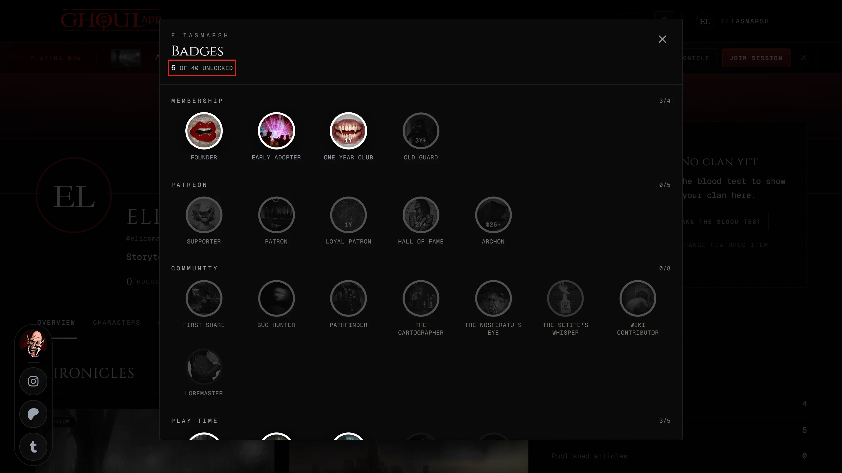 The full badge list open over a profile with its groups