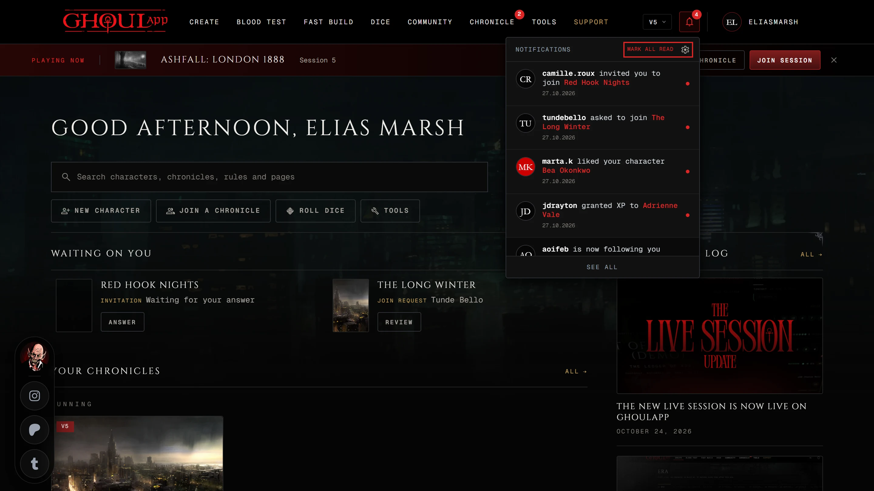 The bell's list open under the header