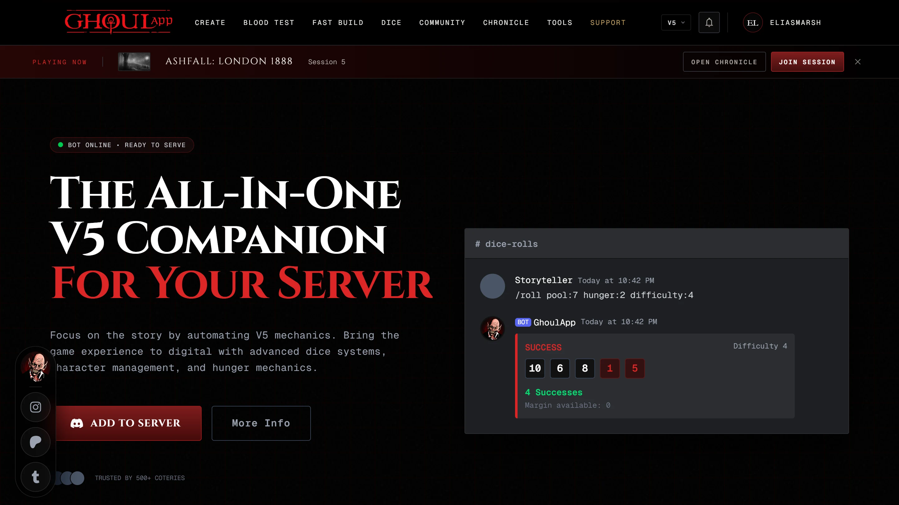 The Discord bot page's top with ADD TO SERVER and More Info