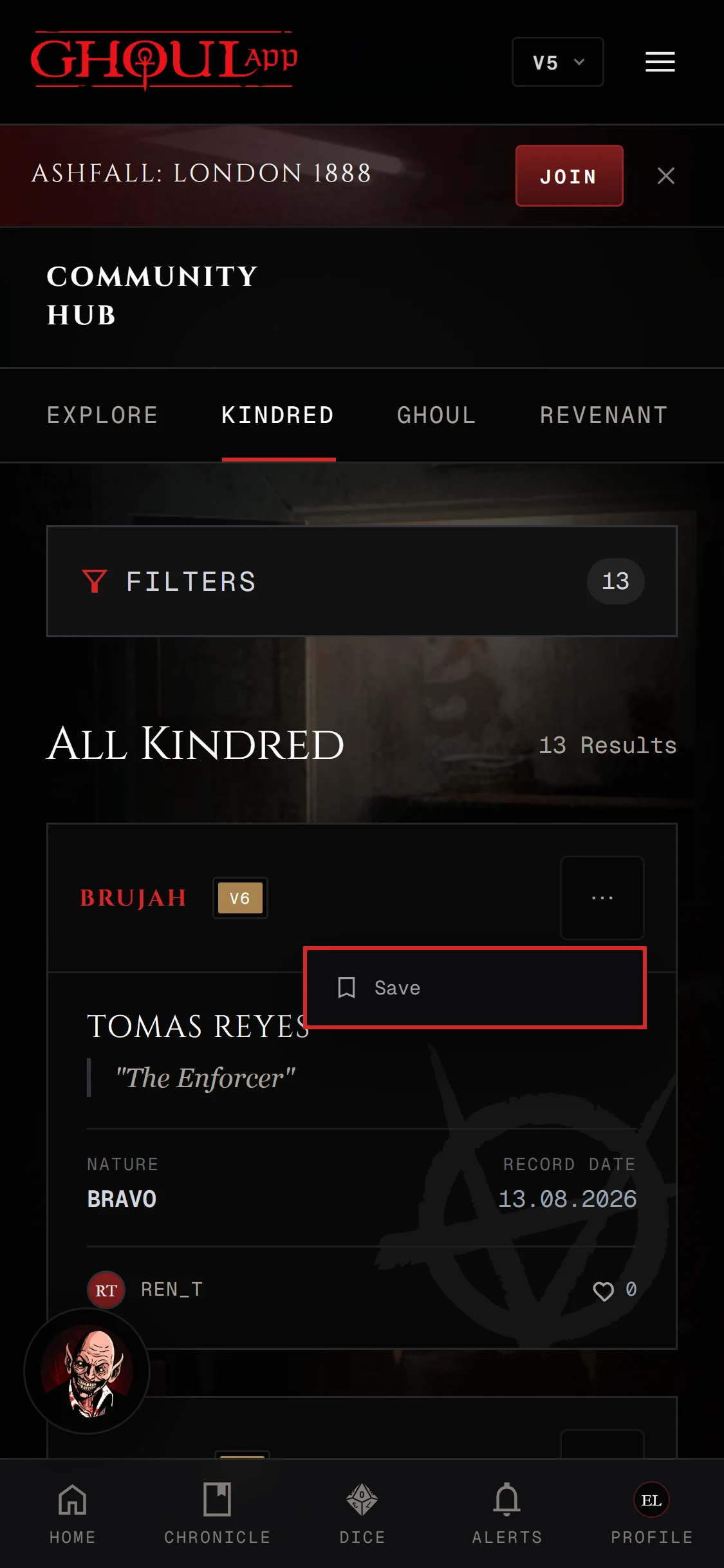 A character card's menu open on a phone