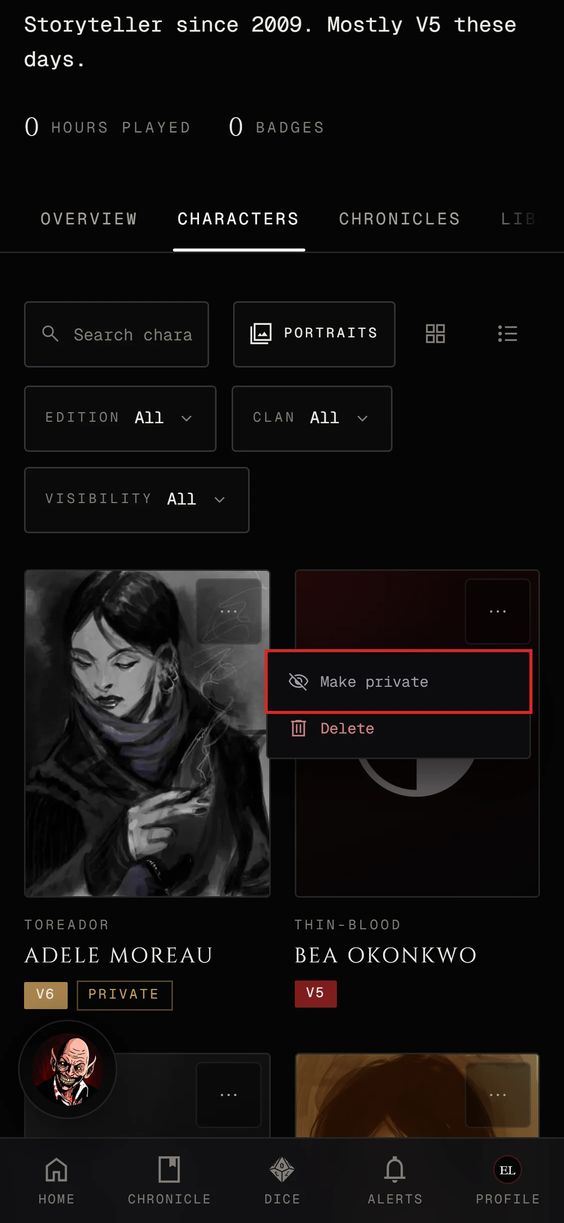 The Characters tab on a phone with a card's menu open