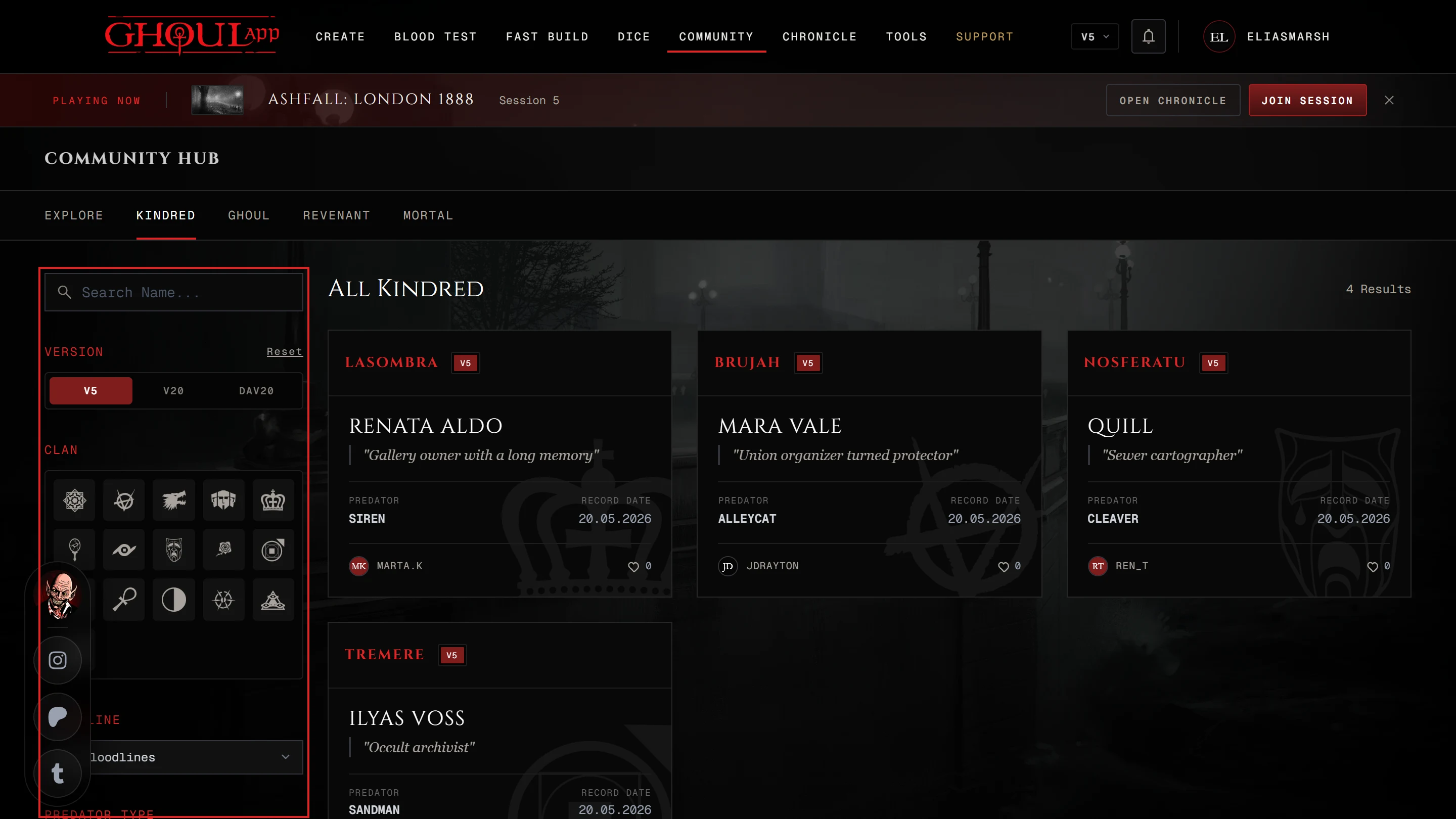The Kindred tab with V5 picked as the Version and the filter column open