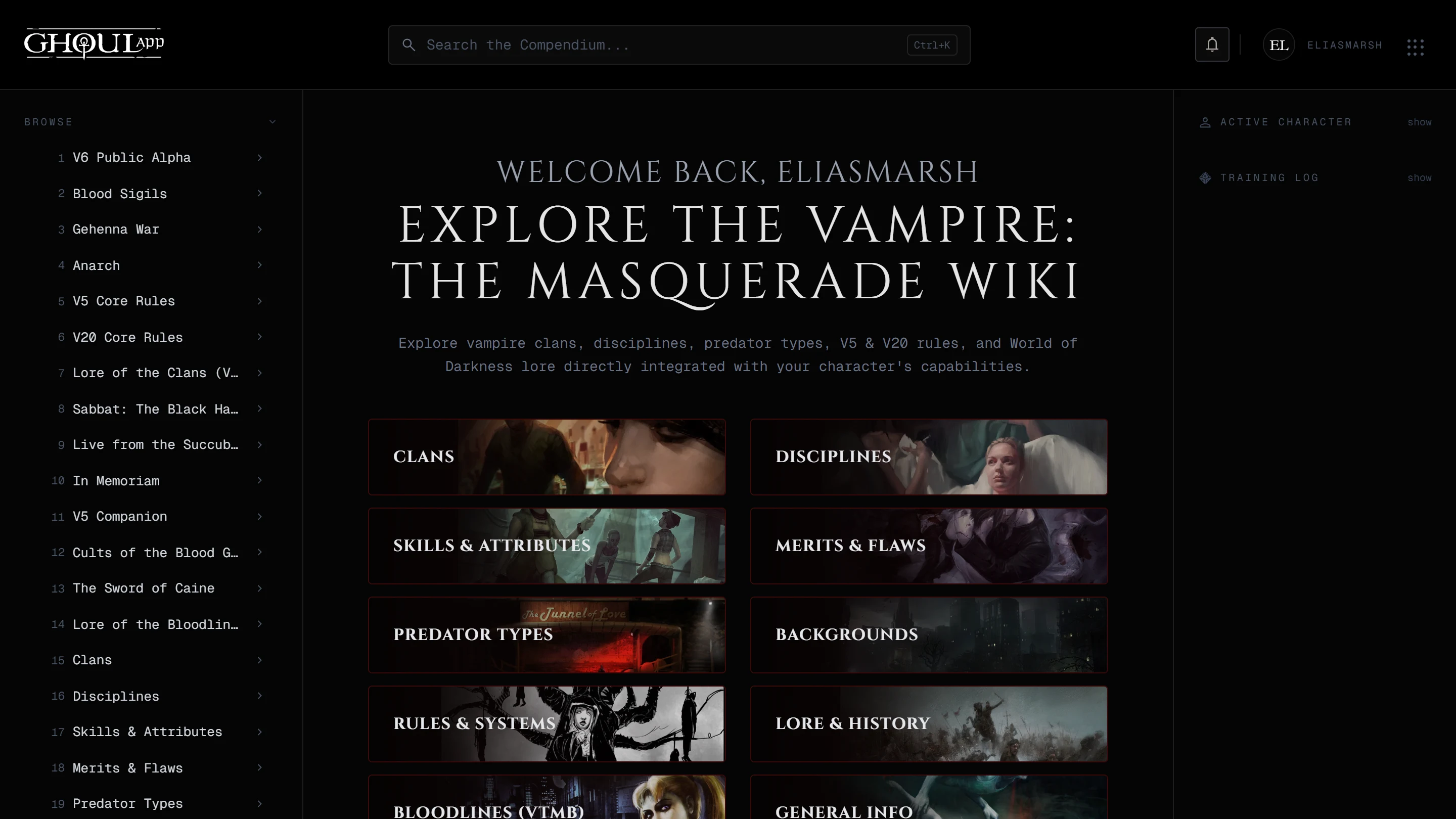The wiki's front page with the sidebar, the search and the side panel