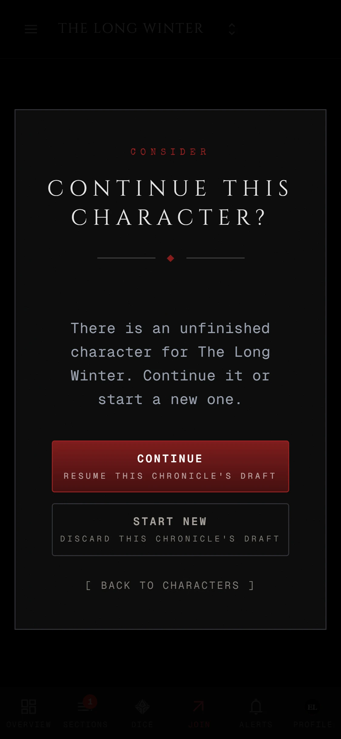 The Continue this character? box with Continue, Start new and Back to characters