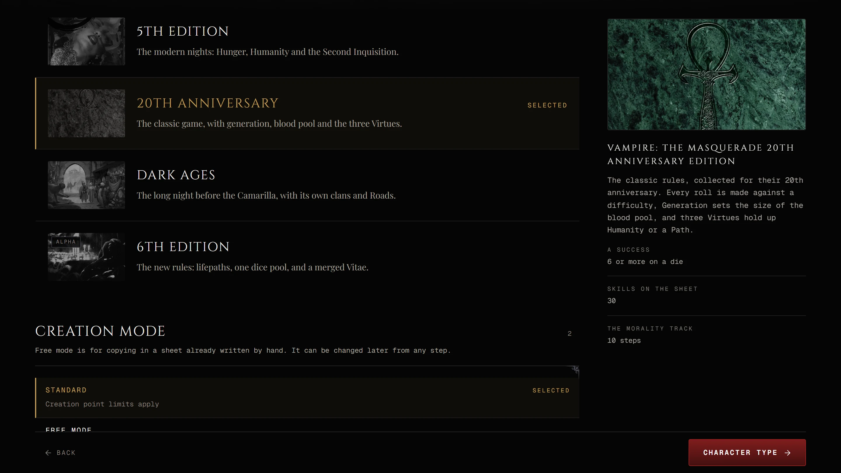The Era step with 20th Anniversary chosen, the side panel showing the book title and the three facts
