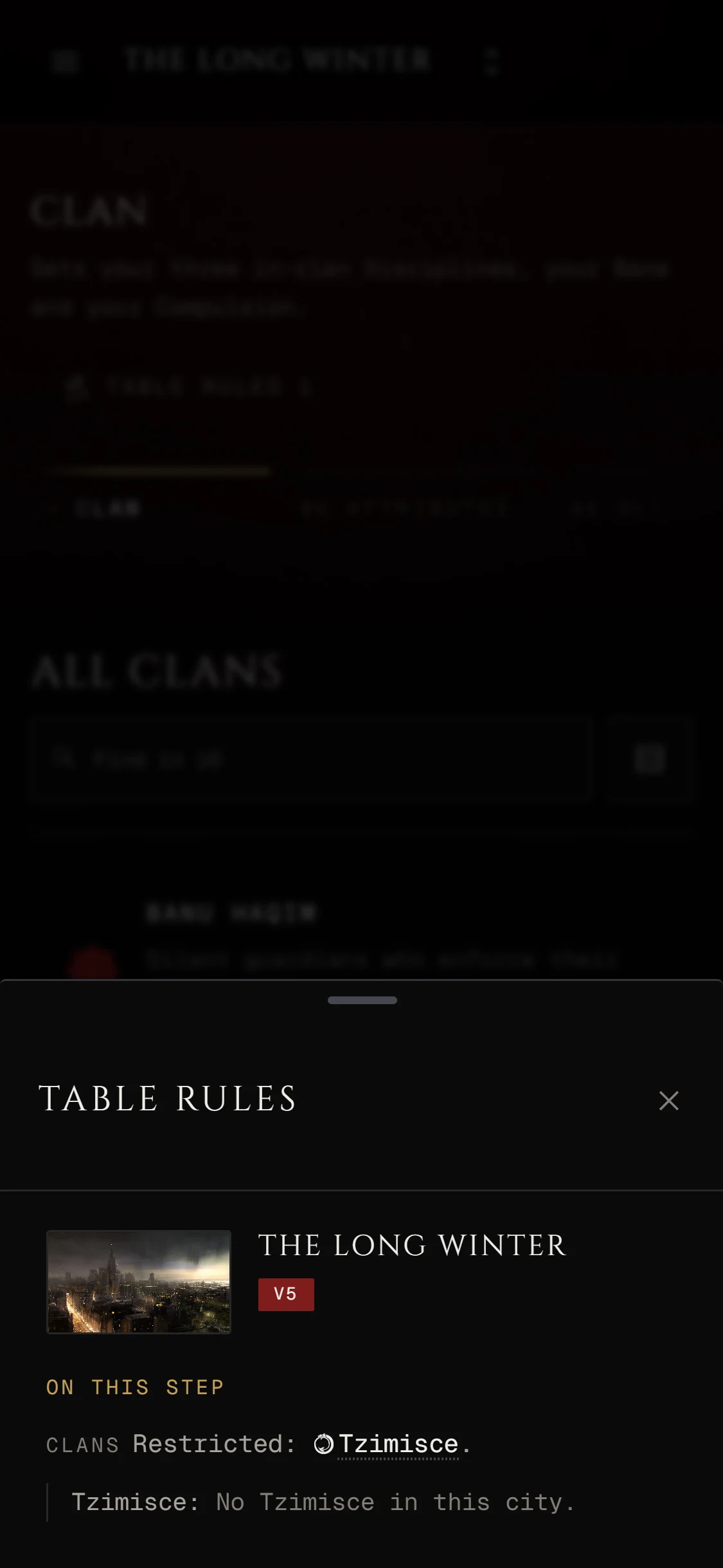 A V5 Clan step in a chronicle with the Table Rules sheet opened from the button at the top