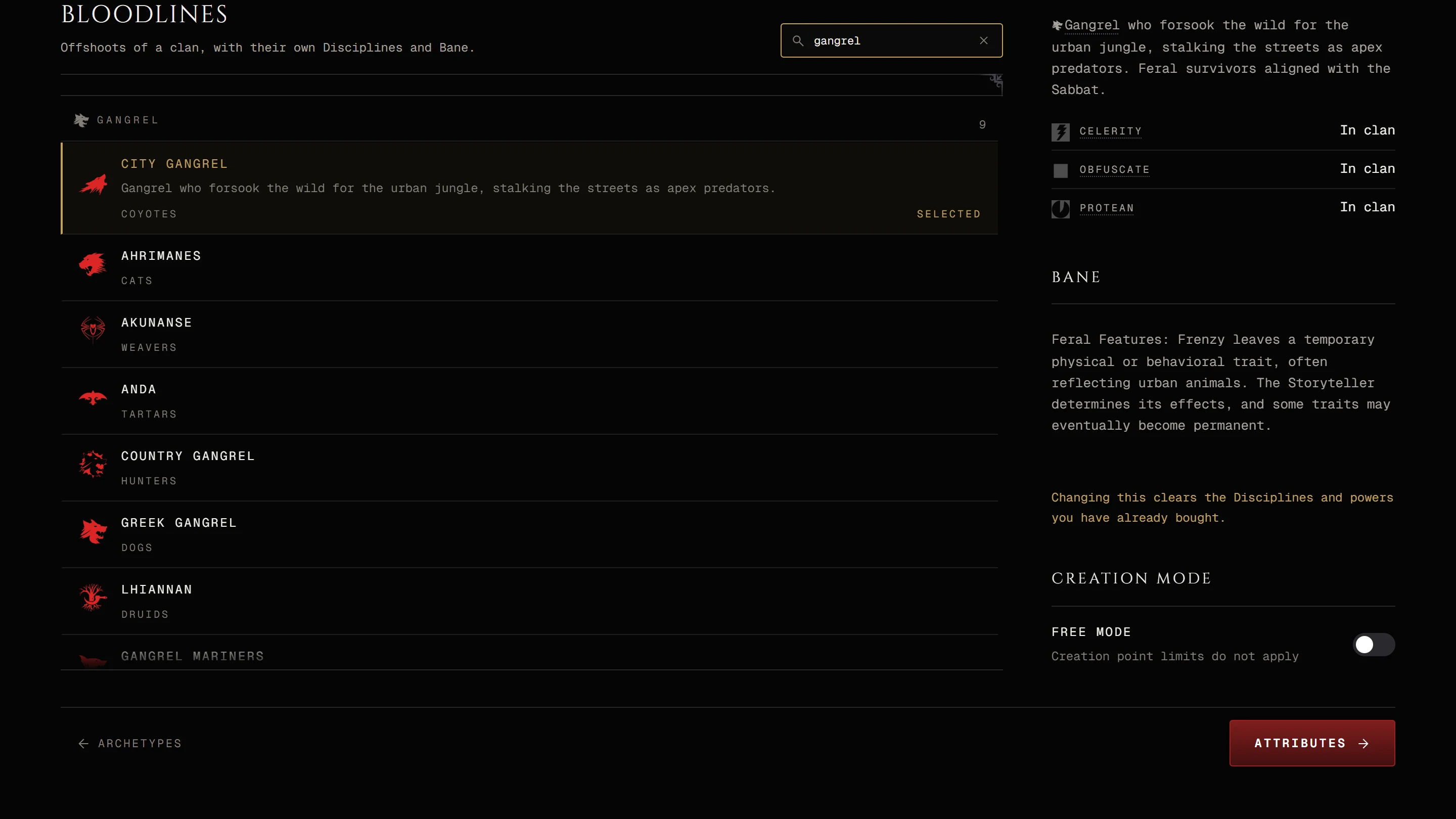 The V20 Clan step scrolled to the bloodlines section with a search typed and a bloodline chosen