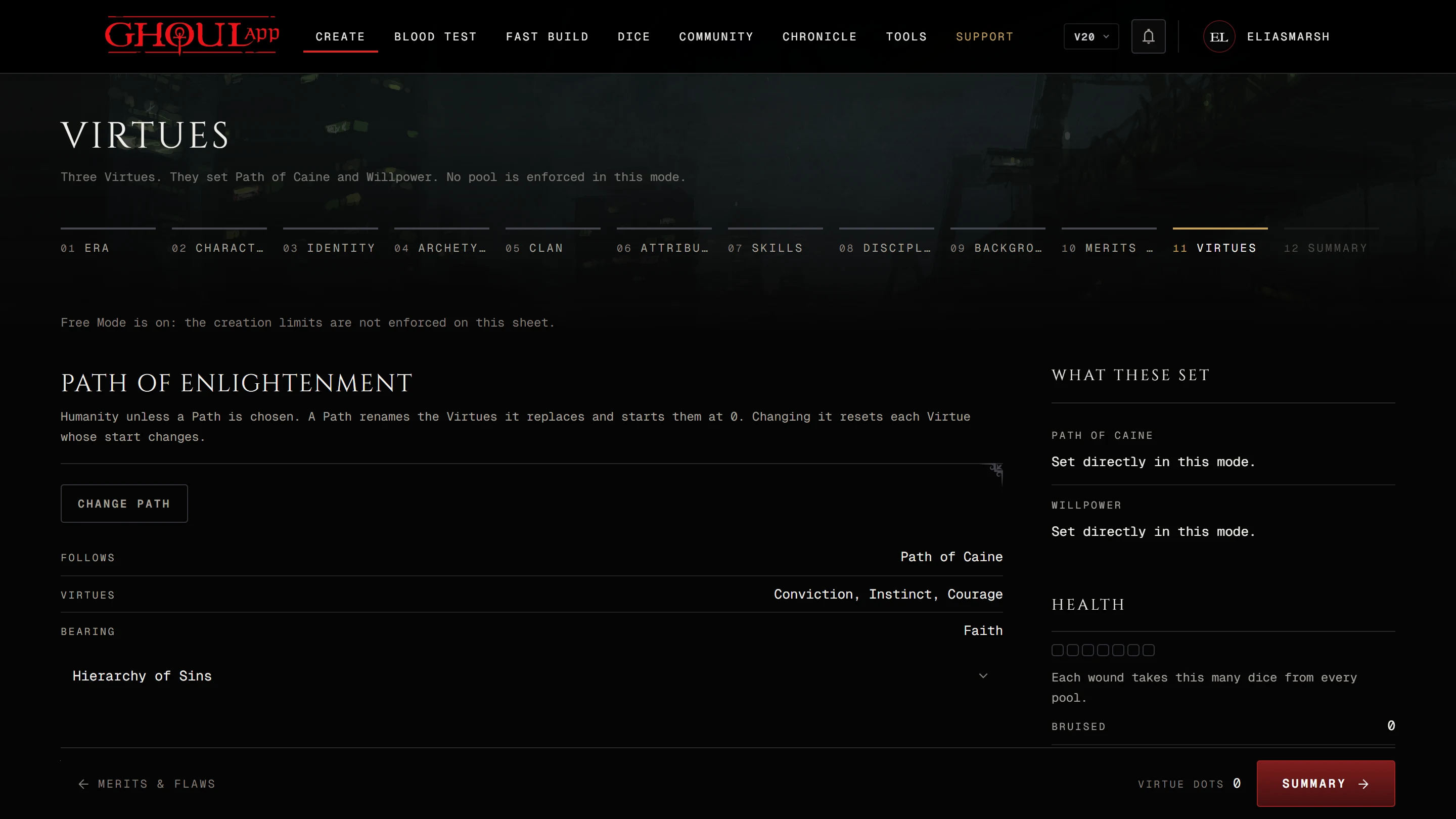 The V20 Virtues step after Choose Path with a Path picked and the renamed Virtues on the left