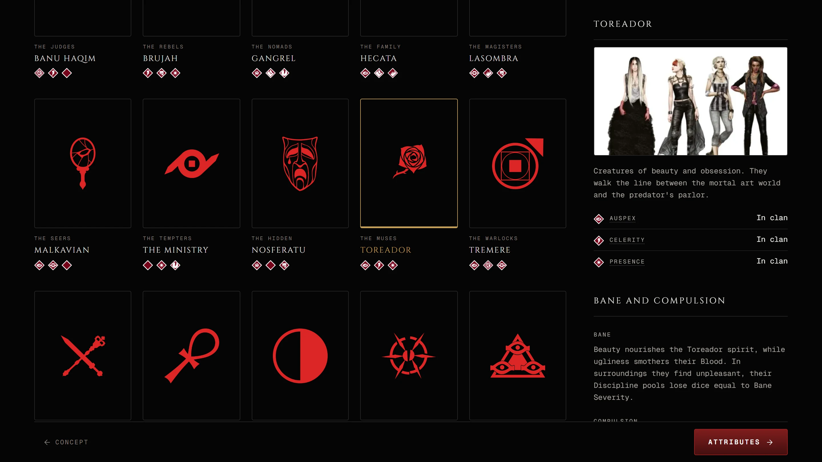 The V5 Clan step in Gallery view with Toreador chosen and the side panel reading its Disciplines and Bane