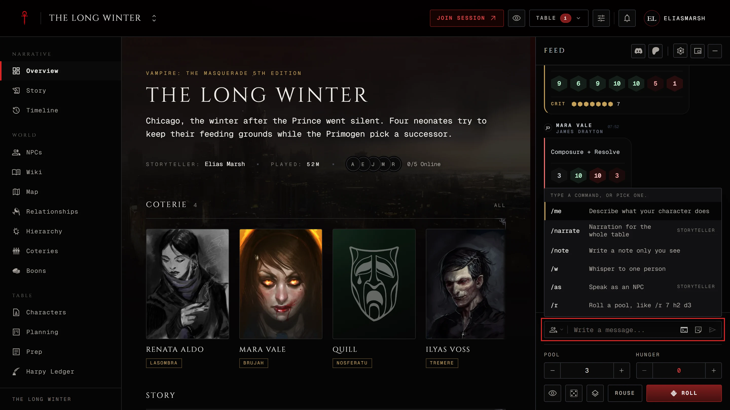 The commands list open above the message box