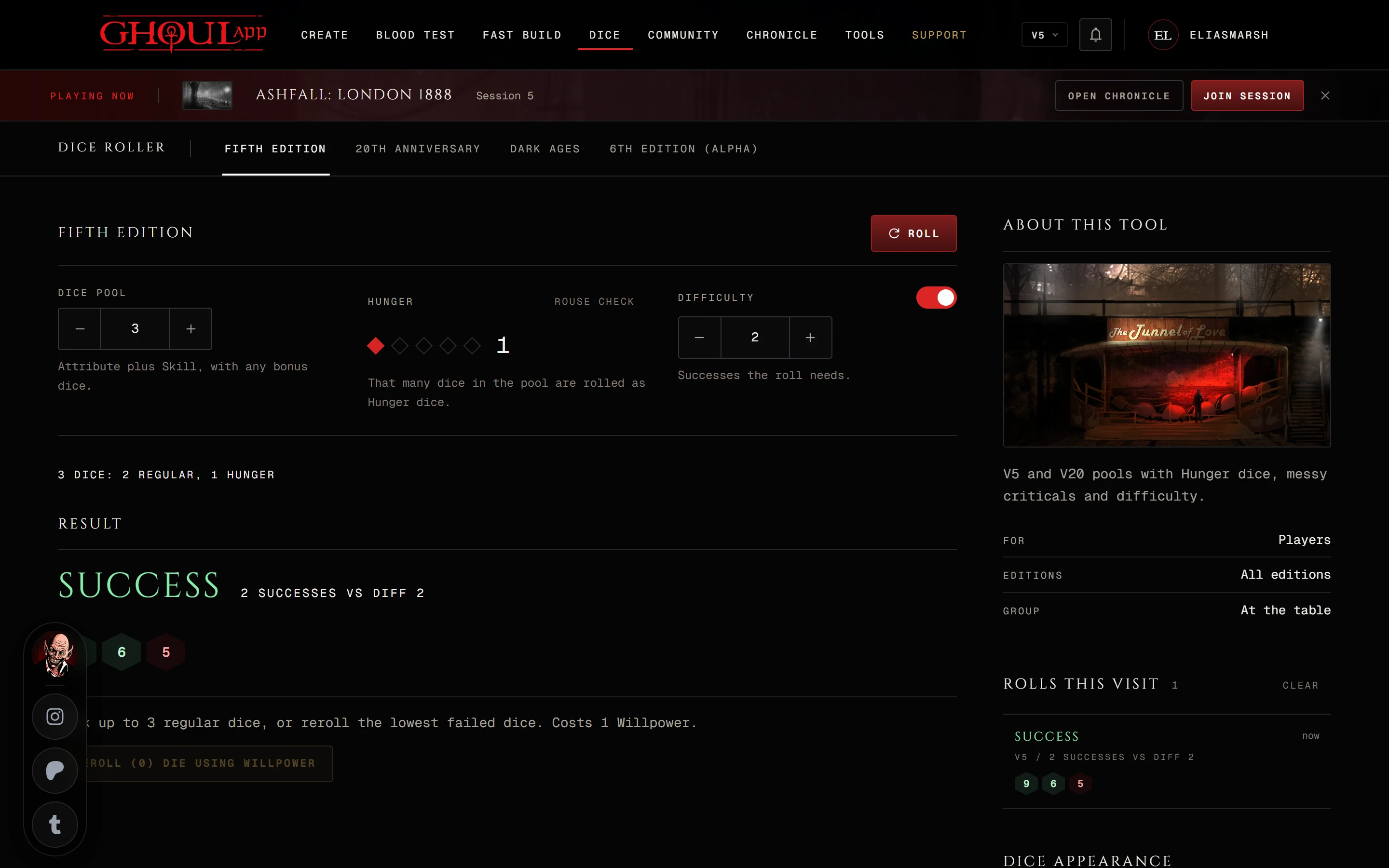 The Dice Roller page on V5 after a roll, with the result and the Rolls this visit list