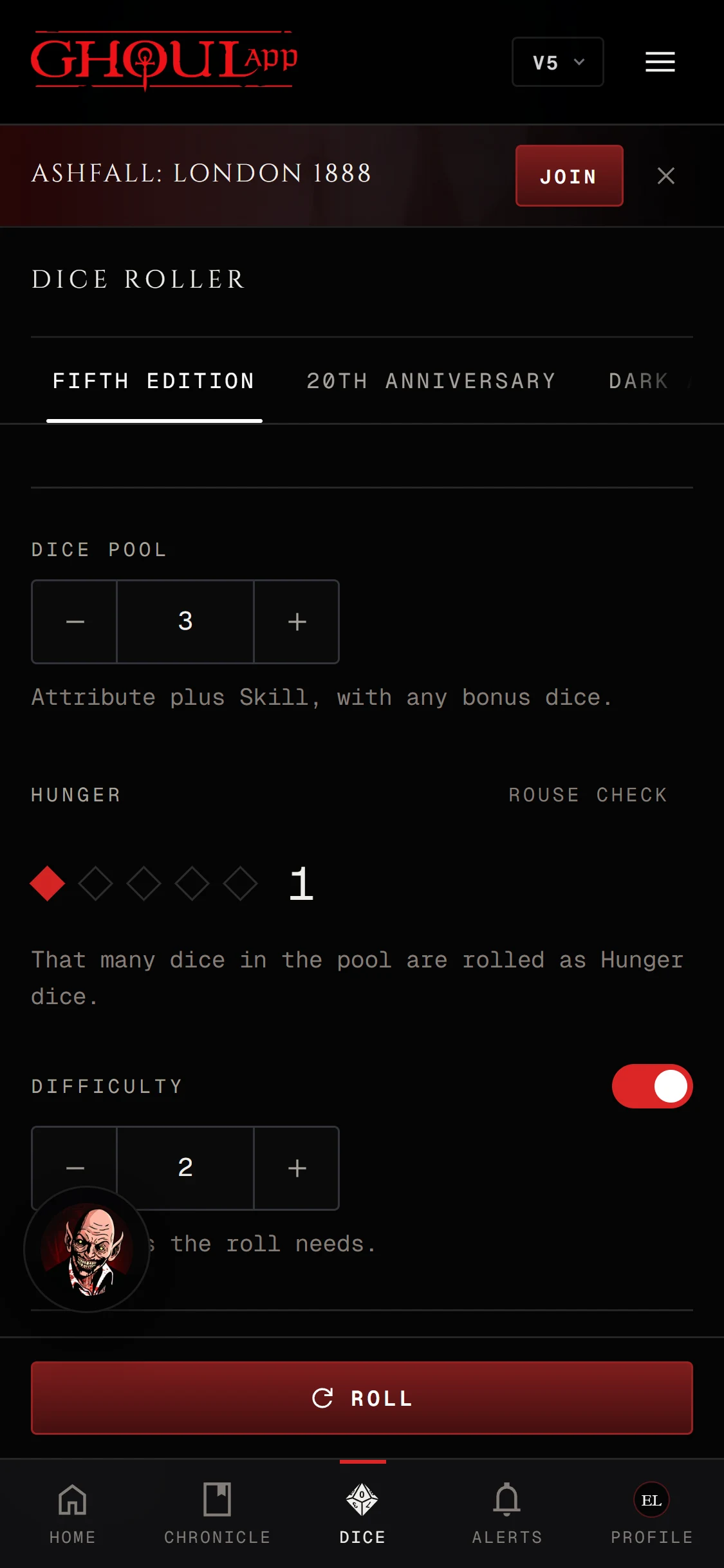The Fifth Edition tab on a phone with Dice Pool, Hunger, Rouse Check, Difficulty and the Roll button above the bottom bar