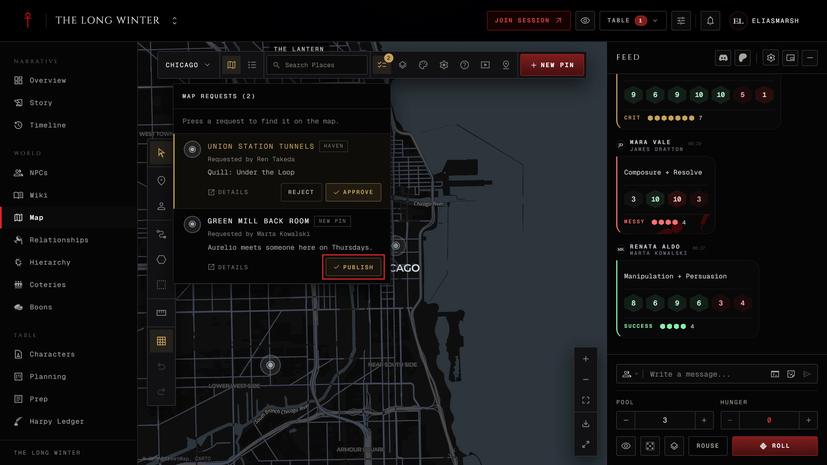 The Map requests panel open with one new pin and one haven request