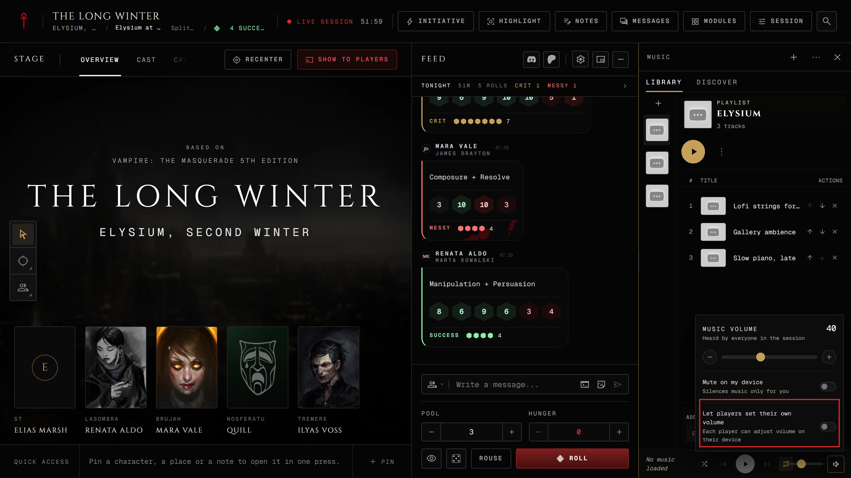 The storyteller's volume popover with the room slider and Let players set their own volume