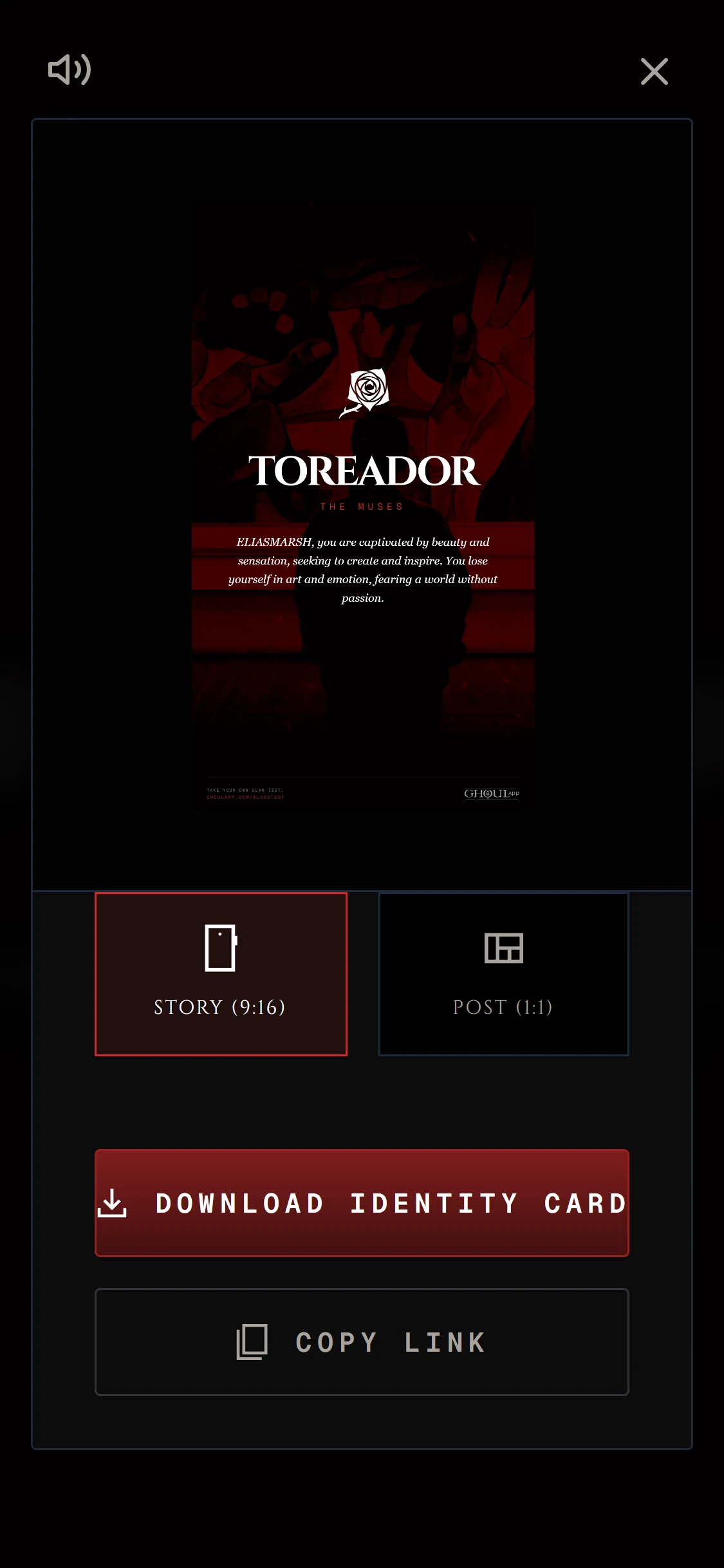 The Share Result box with Story chosen and the card preview above the download and copy buttons