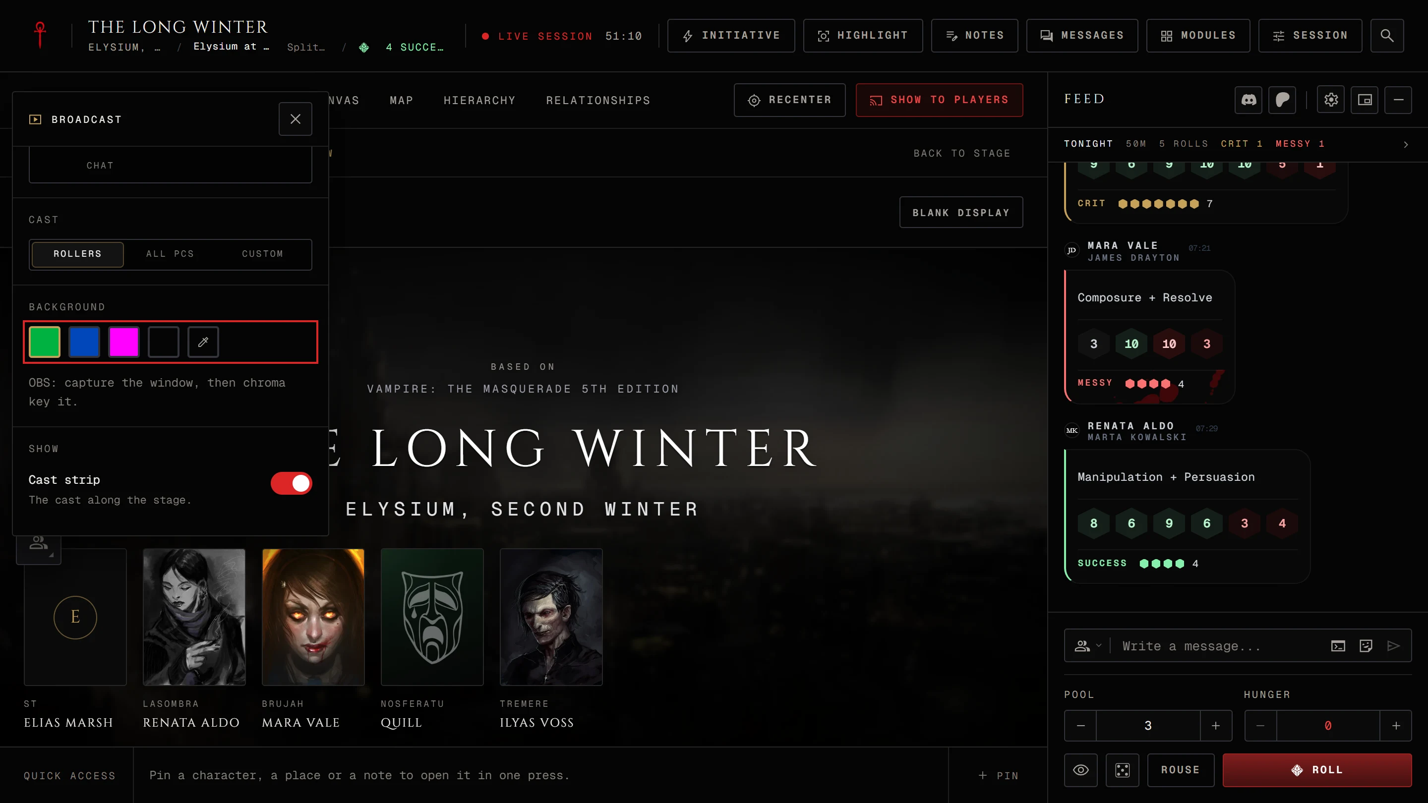 The Broadcast panel open with Profiles, Dice, Layout, Cast, Background and Show