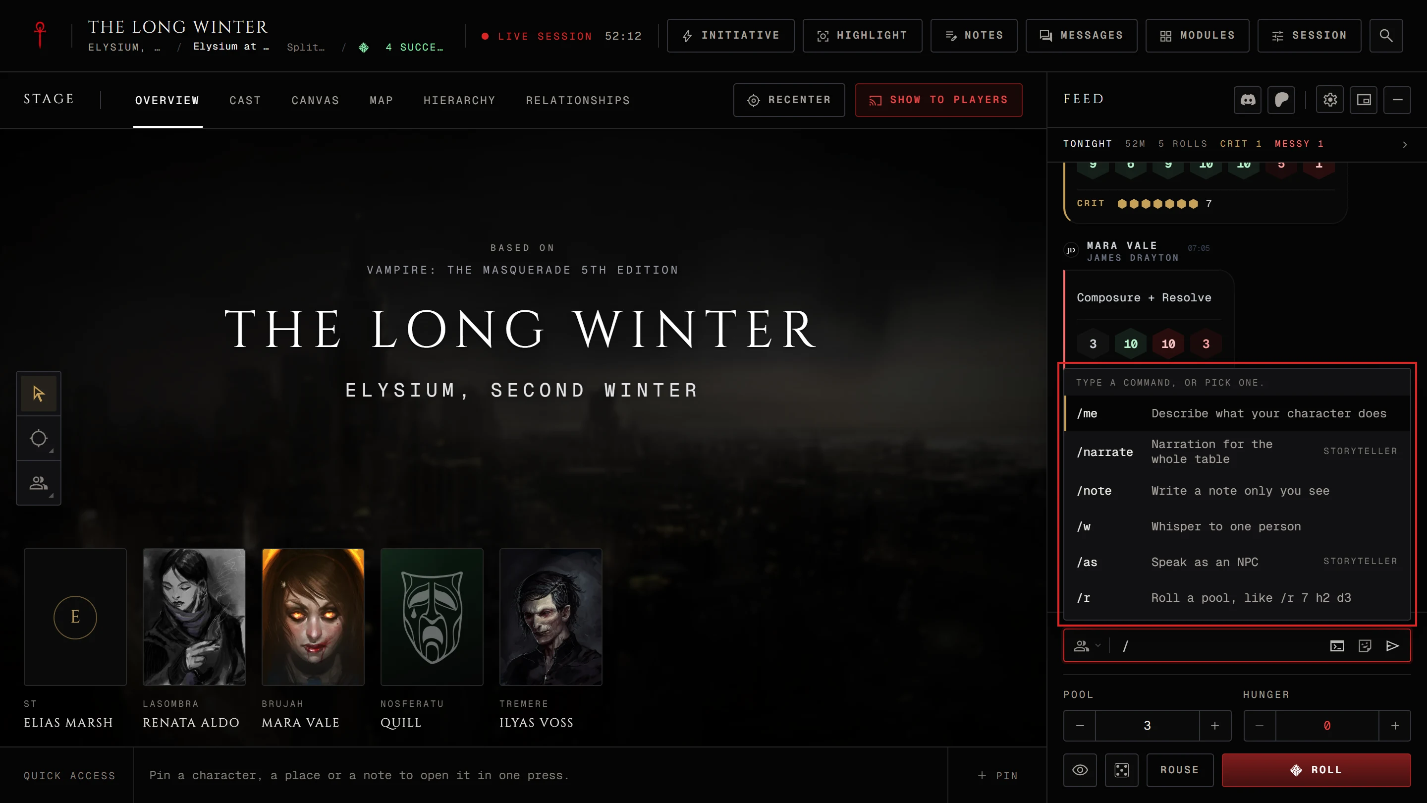 The commands list open above the chat box with the Storyteller tag on /narrate and /as