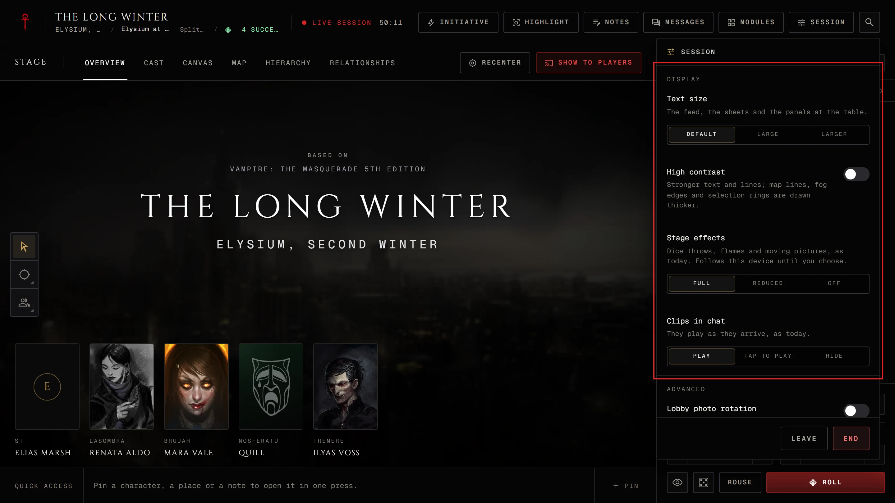 The Session menu scrolled to its Display region with Text size, High contrast, Stage effects and Clips in chat
