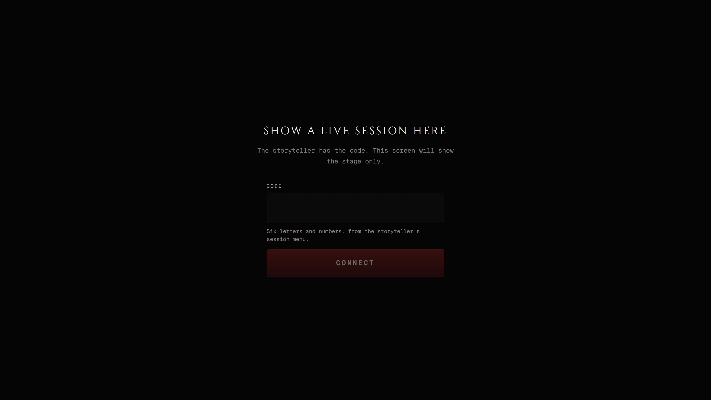 The display page reading Show a live session here with the six-character Code field