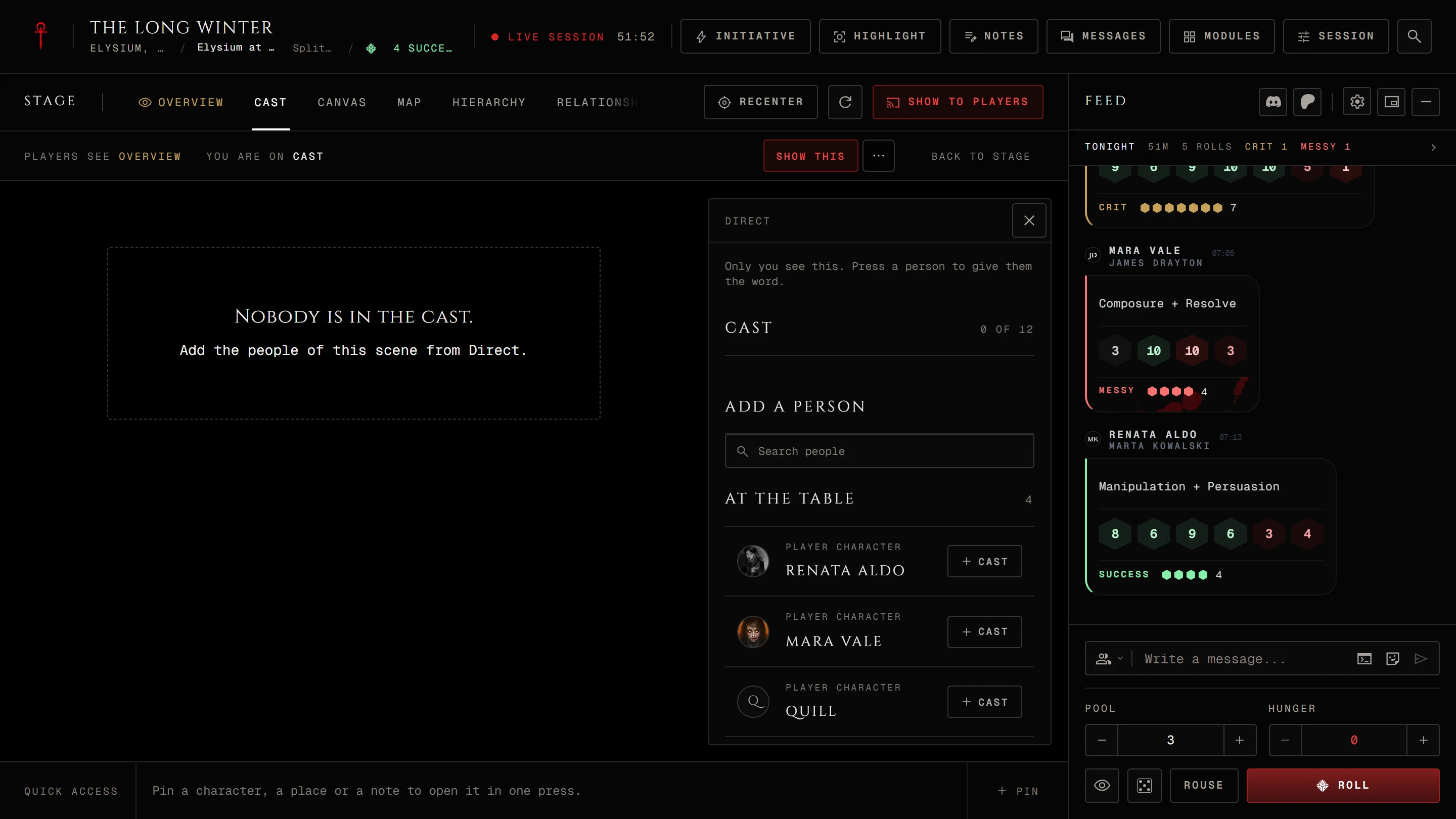 The Hold line under the stage tabs with Players see, You are on, Show this and Back to stage