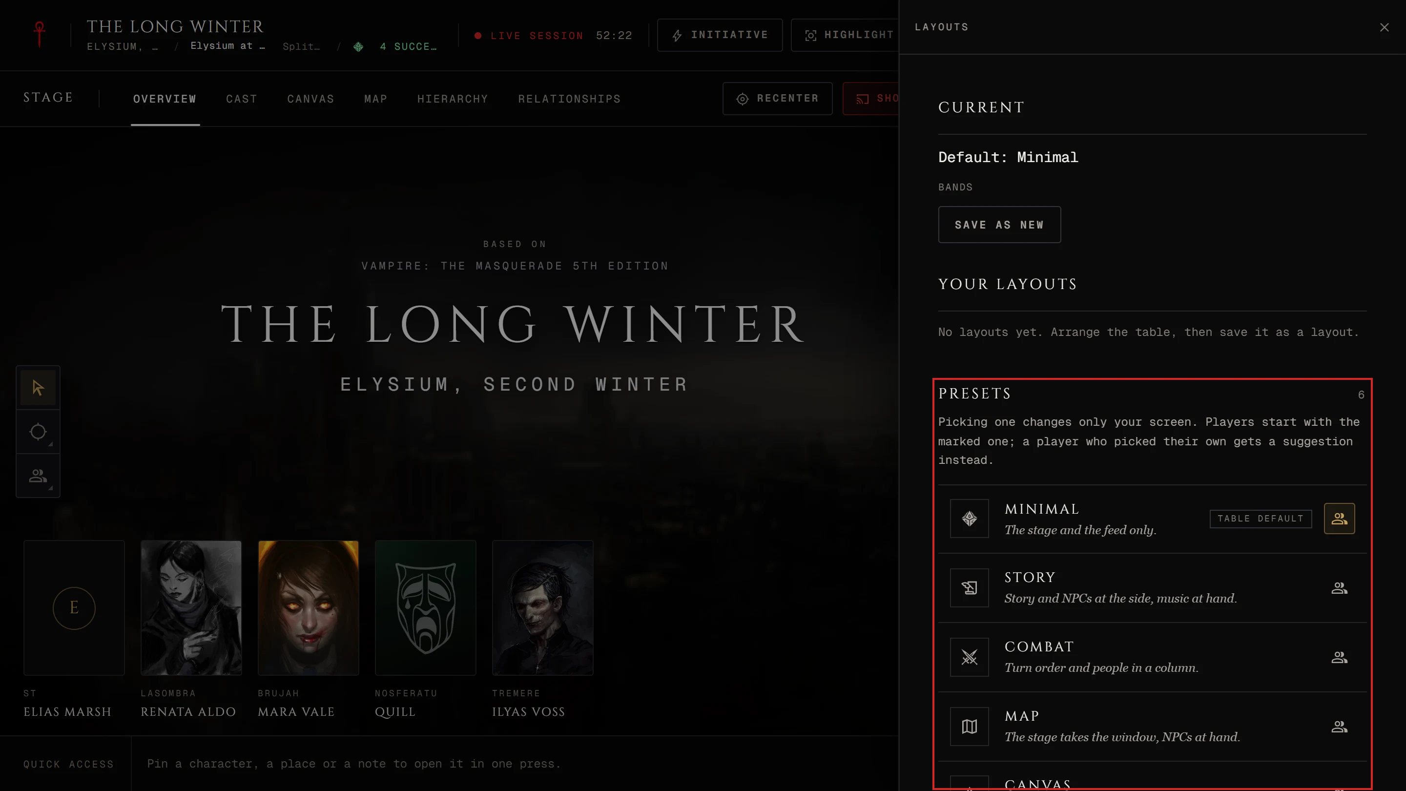 The storyteller's Layouts drawer with Your layouts, Presets and the For the table band