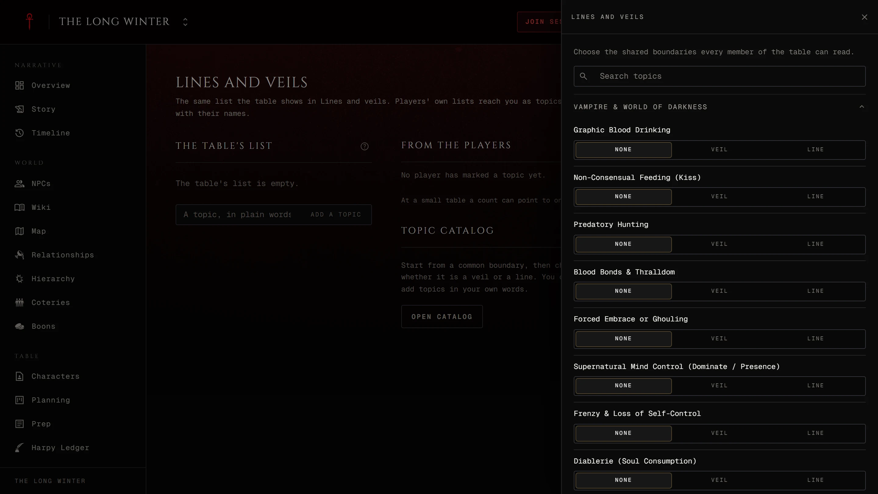 The Topic catalog open with its search and the first groups