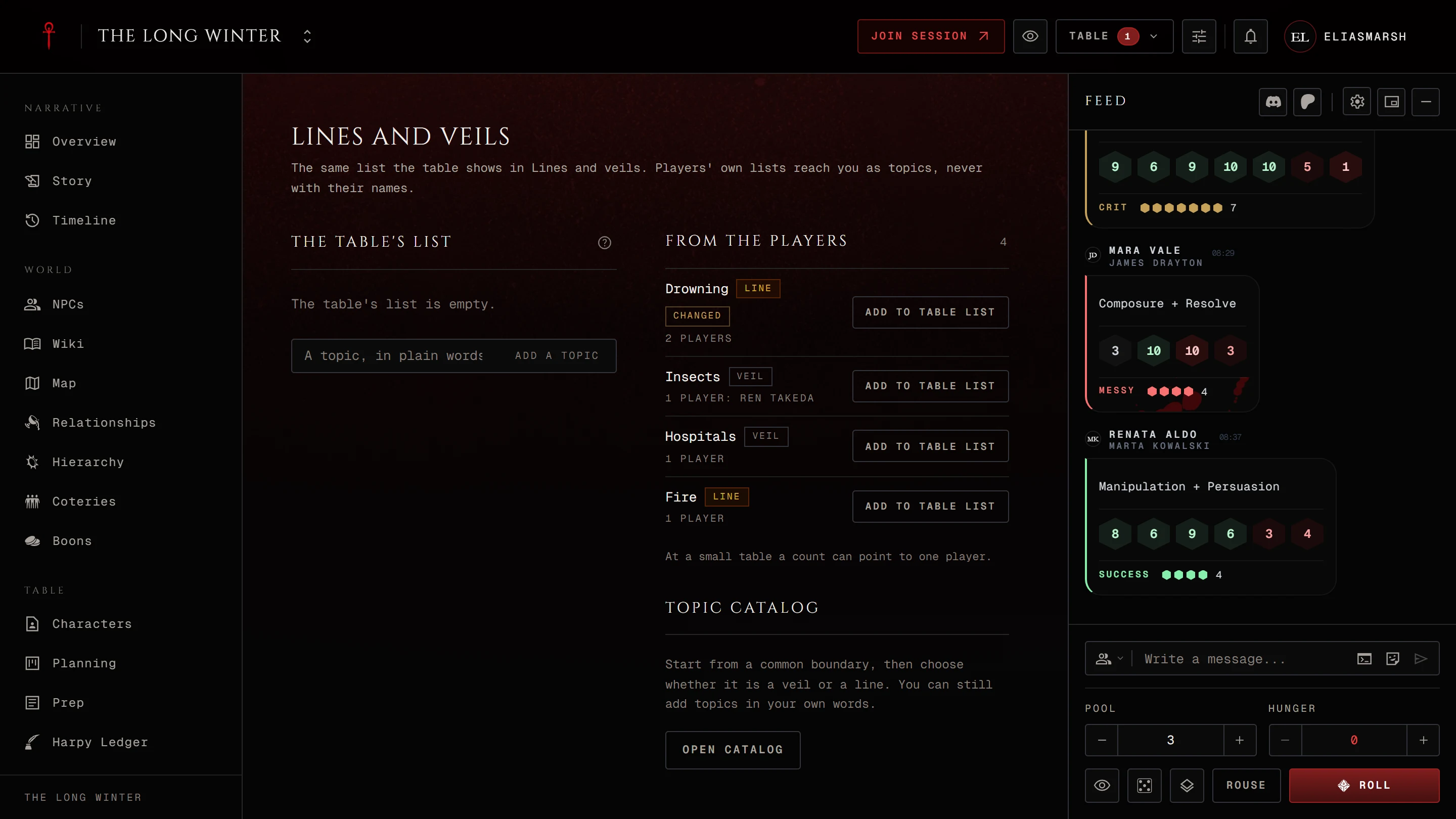The storyteller's Lines and Veils page with the From the players list