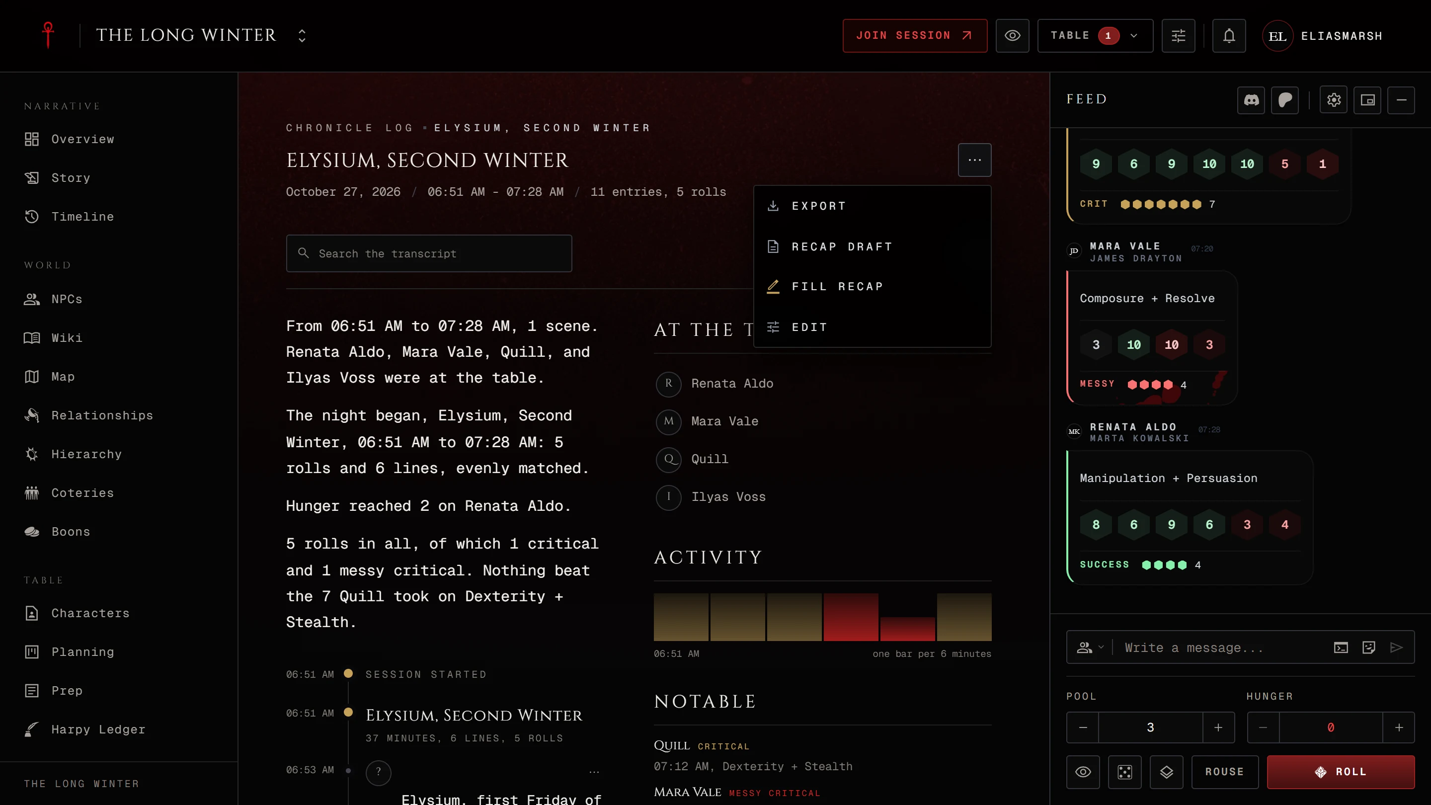 A storyteller's More actions menu open on a night with Export, Recap draft, Fill recap and Edit