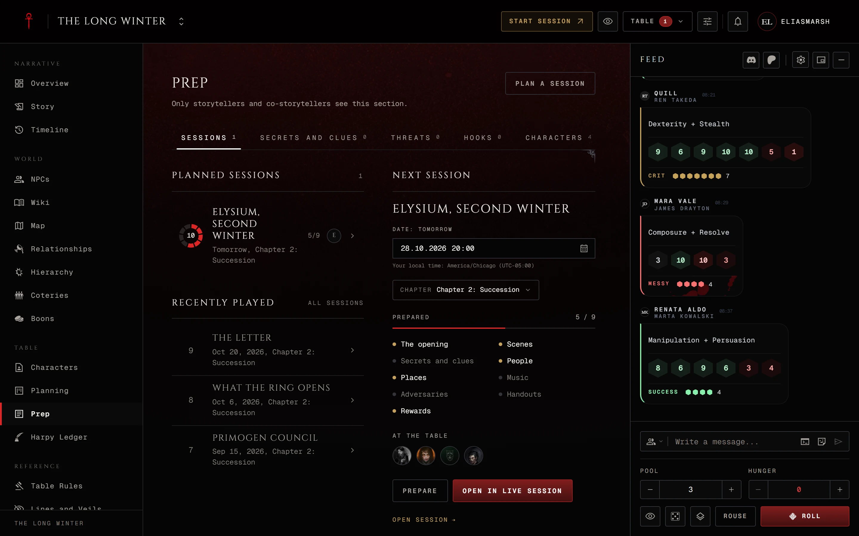 Prep on its Sessions tab, with the planned session and the Next session rail