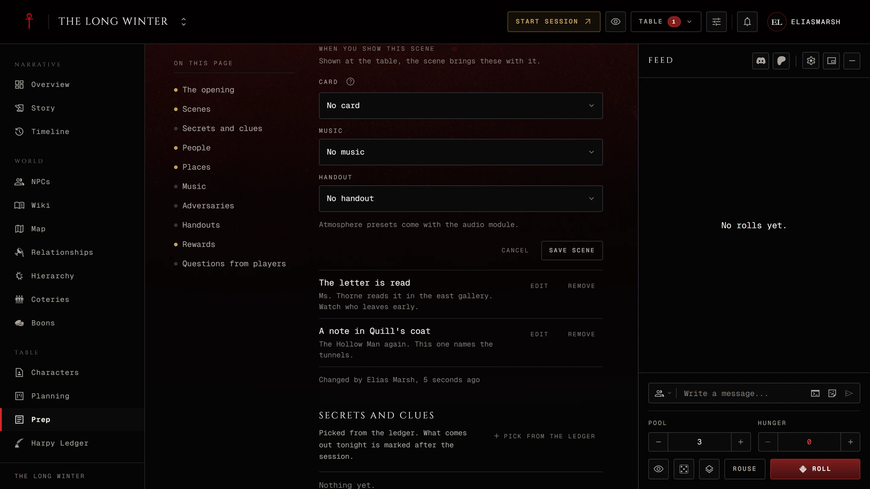 A scene opened with Edit on the prep page, showing Content notes and When you show this scene