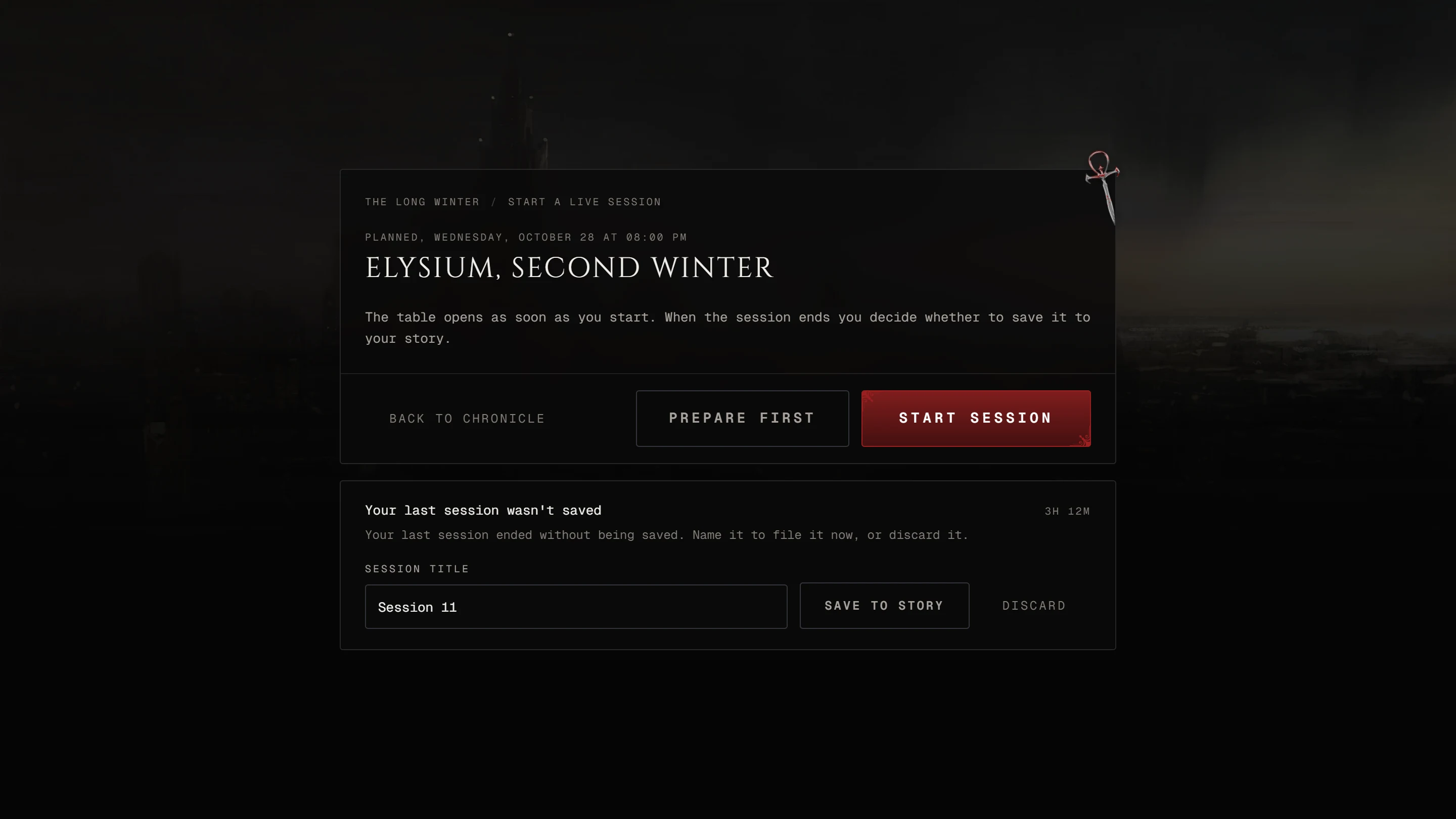 The start page with the Your last session wasn't saved panel under the start card