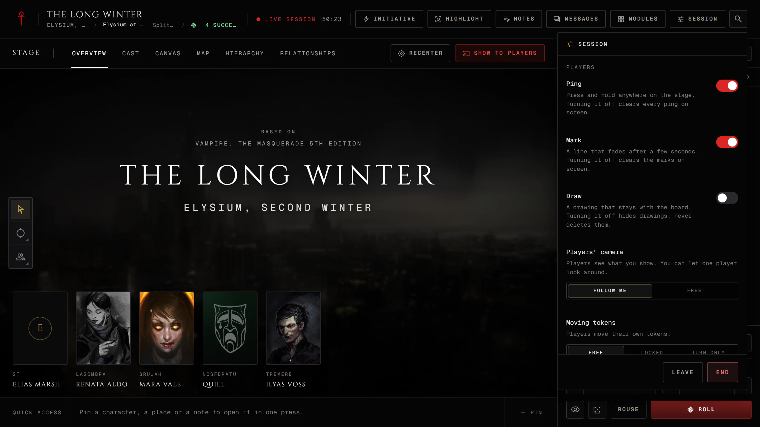 The storyteller's Session menu open under the header
